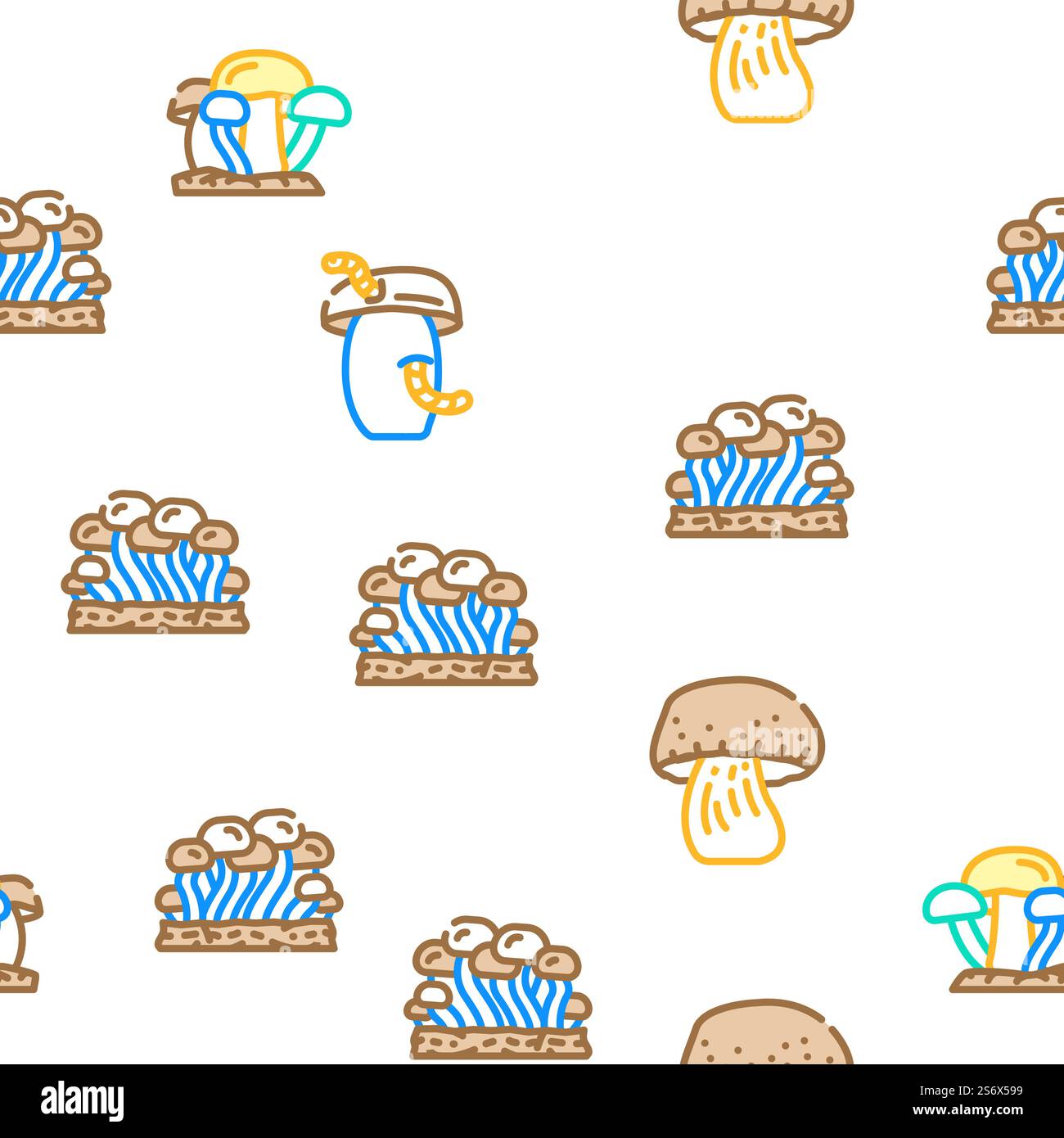 Illustrazione della linea di colore con motivo senza cuciture a base di funghi vegetali e funghi vettoriali. Icone funghi vegetali e funghi Set Vector Illustrazione Vettoriale
