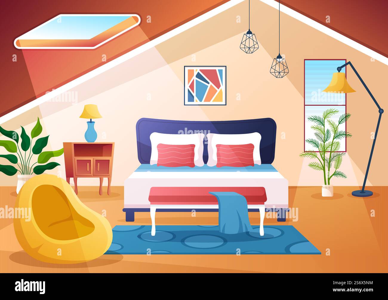 Accogliente camera da letto interno con mobili come il letto, armadio, Bedside Table, vaso, lampadario in stile moderno in Cartoon Vector Illustration Illustrazione Vettoriale