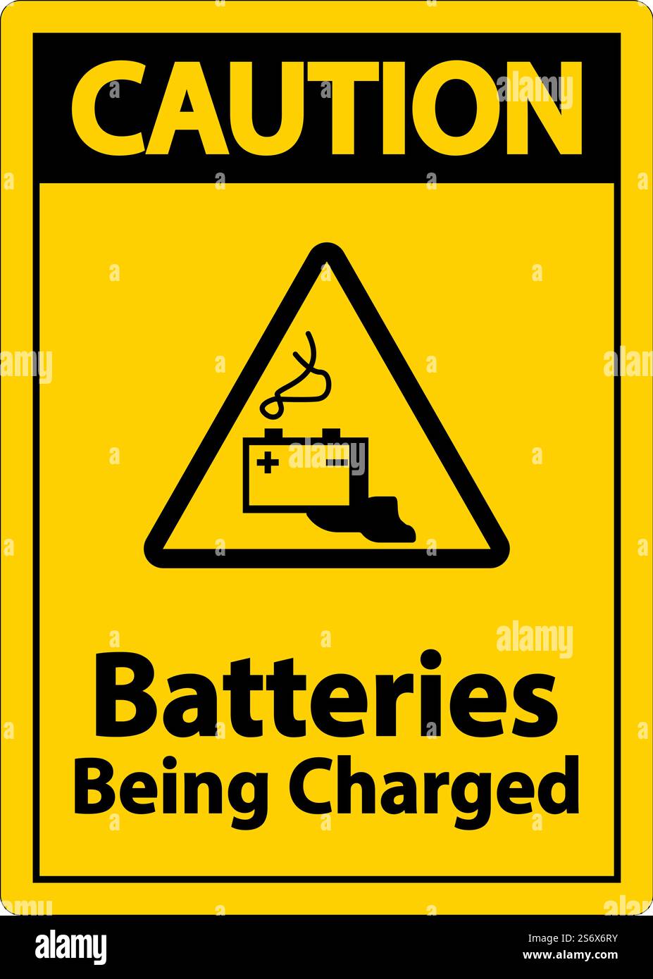 Attenzione batterie in carica. Cartello su sfondo bianco Illustrazione Vettoriale