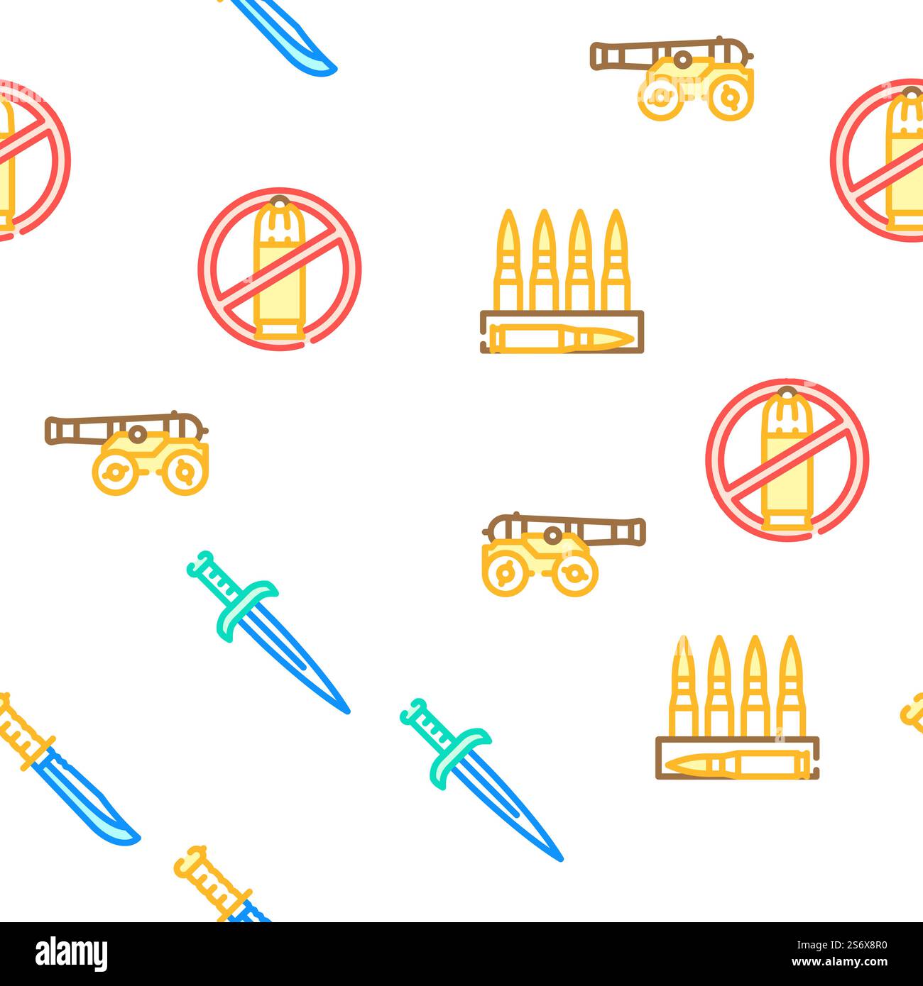 Illustrazione della linea di colore del vettore delle attrezzature militari delle armi. Icone dell'equipaggiamento militare delle armi Set Vector Illustrazione Vettoriale