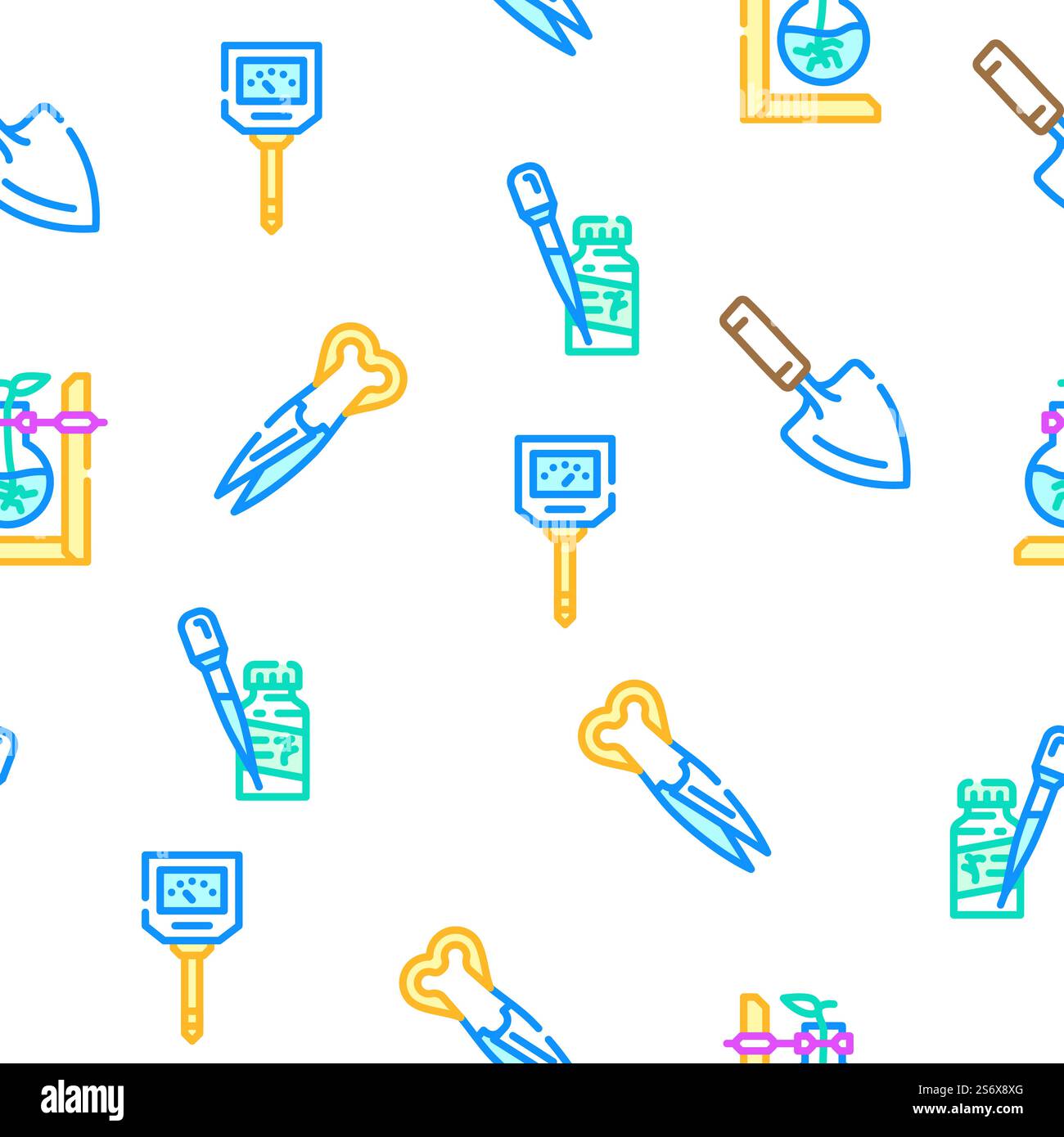 Accessori per la cura e l'impianto in vaso illustrazione della linea di colore del modello senza cuciture vettoriale. Icone degli accessori per la cura e l'impianto in vaso Set Vector Illustrazione Vettoriale