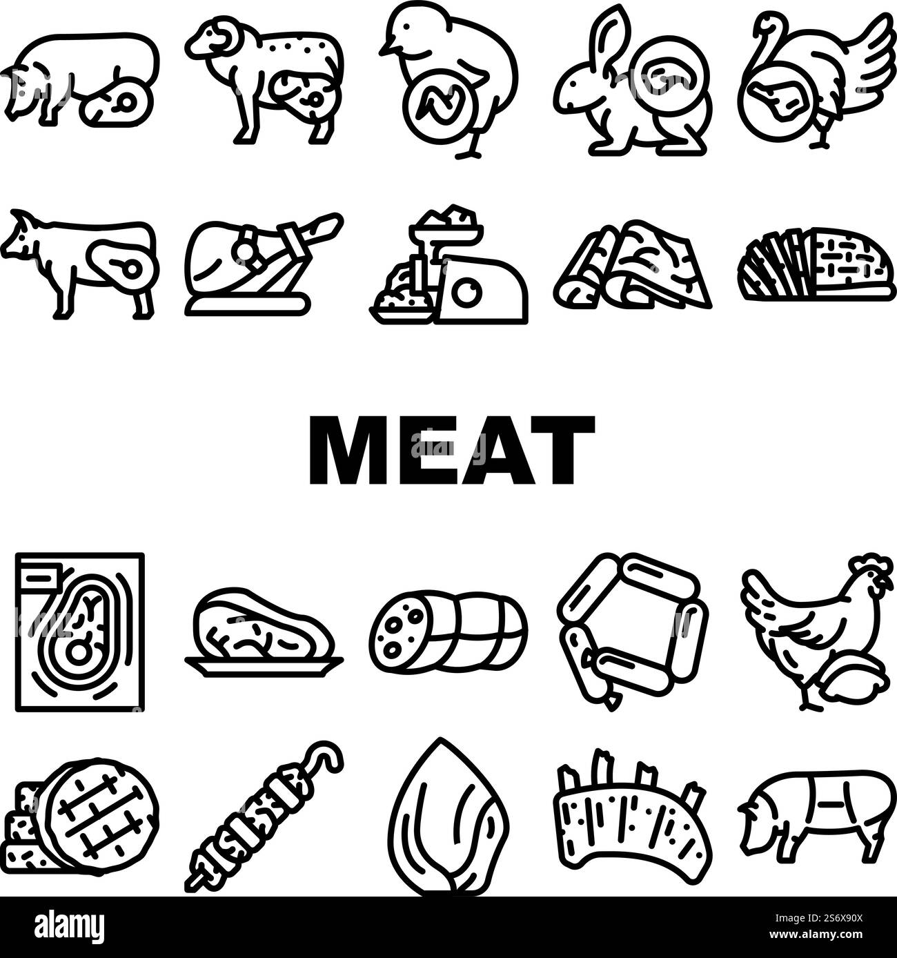 Icone animali domestici di carne crudi Set Vector. Coniglio e montone, pollo e pollo, carne di manzo e tacchino per cucinare piatti deliziosi e friggere il barbecue. Illustrazioni di Jamon e Hen Black Contour. Icone animali domestici di carne crudi Set Vector Illustrazione Vettoriale