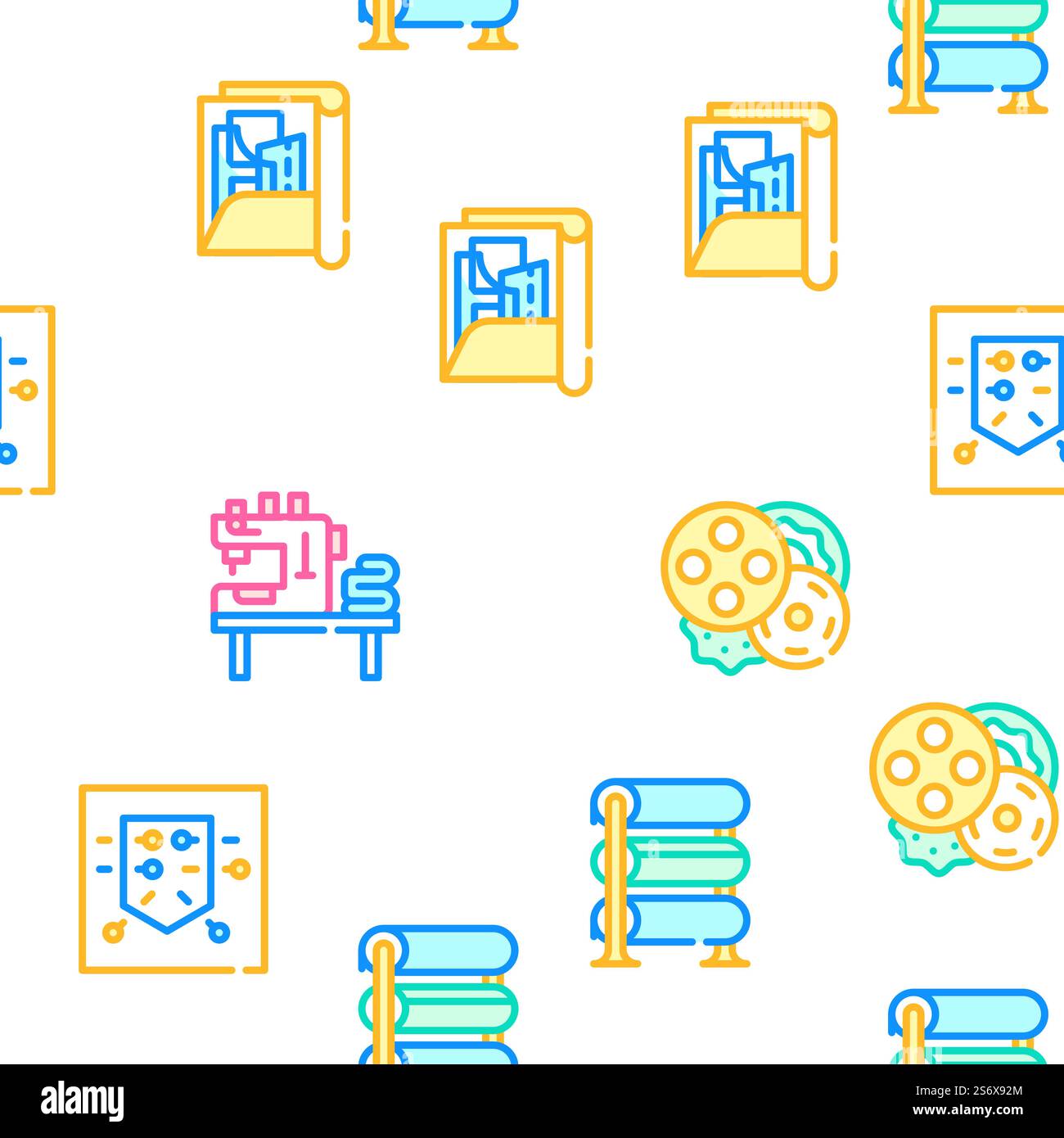 Illustrazione della linea di colore del motivo senza cuciture vettoriale della collezione Studio di cucitura. Le icone della collezione Sewing Craft Studio Set Vector Illustrazione Vettoriale