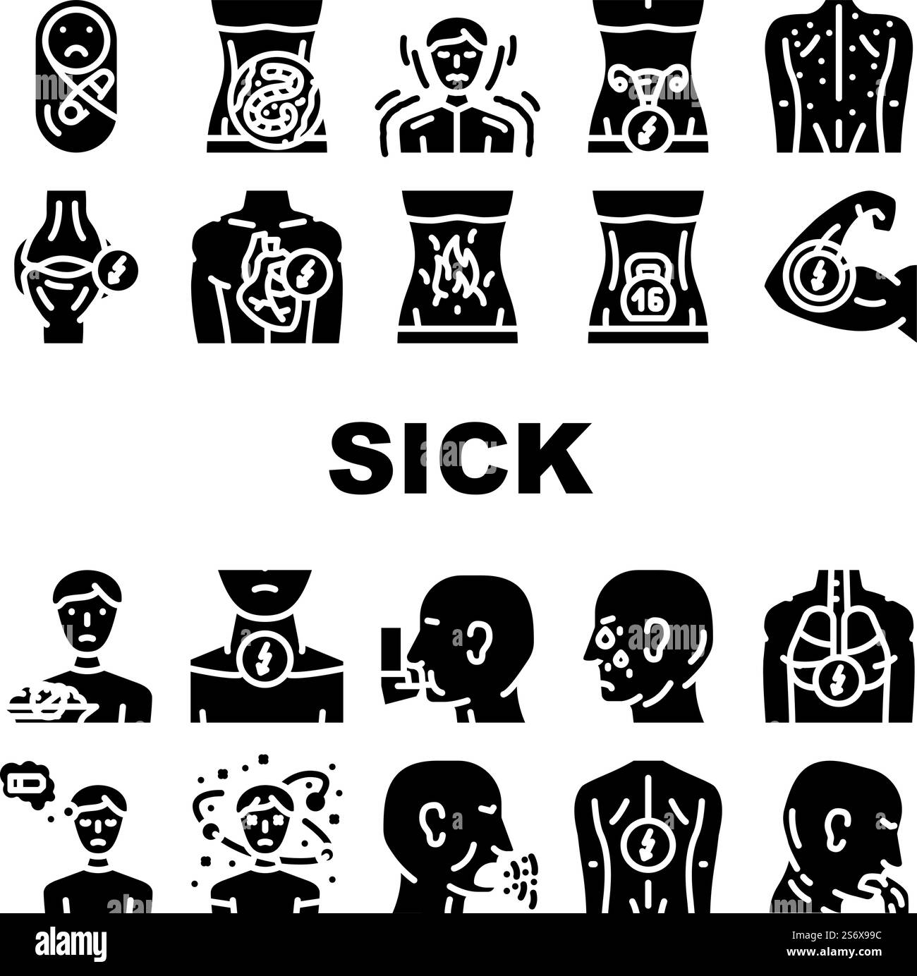 Problema di salute malato e icone allergia Set vettore. Bambini dolore e mal di schiena malato, bruciore allo stomaco e sensazione di pesantezza, mal di gola disorientamento malattia glifi pittogrammi Black Illustration. Problema di salute malato e icone allergia Set vettore Illustrazione Vettoriale