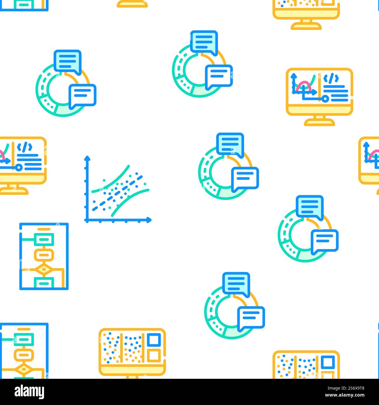 Data Science Innovate Technology illustrazione della linea di colore con motivo senza cuciture vettoriale. Le icone di Data Science Innovate Technology Set Vector Illustrazione Vettoriale