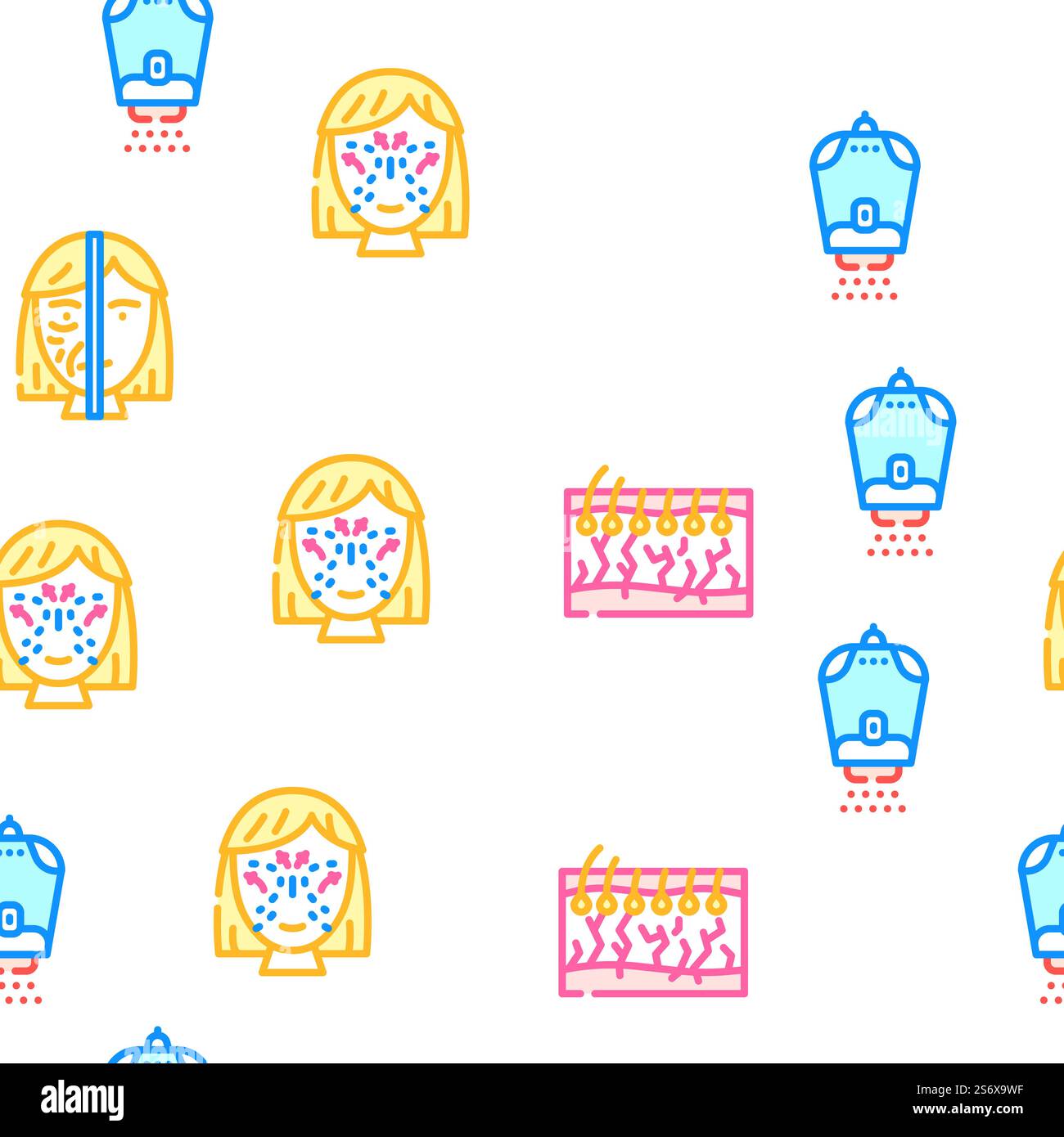 Illustrazione della linea di colore del modello senza cuciture vettoriale della procedura di bellezza cosmetologica. Icone procedura bellezza cosmetologia Imposta vettore Illustrazione Vettoriale