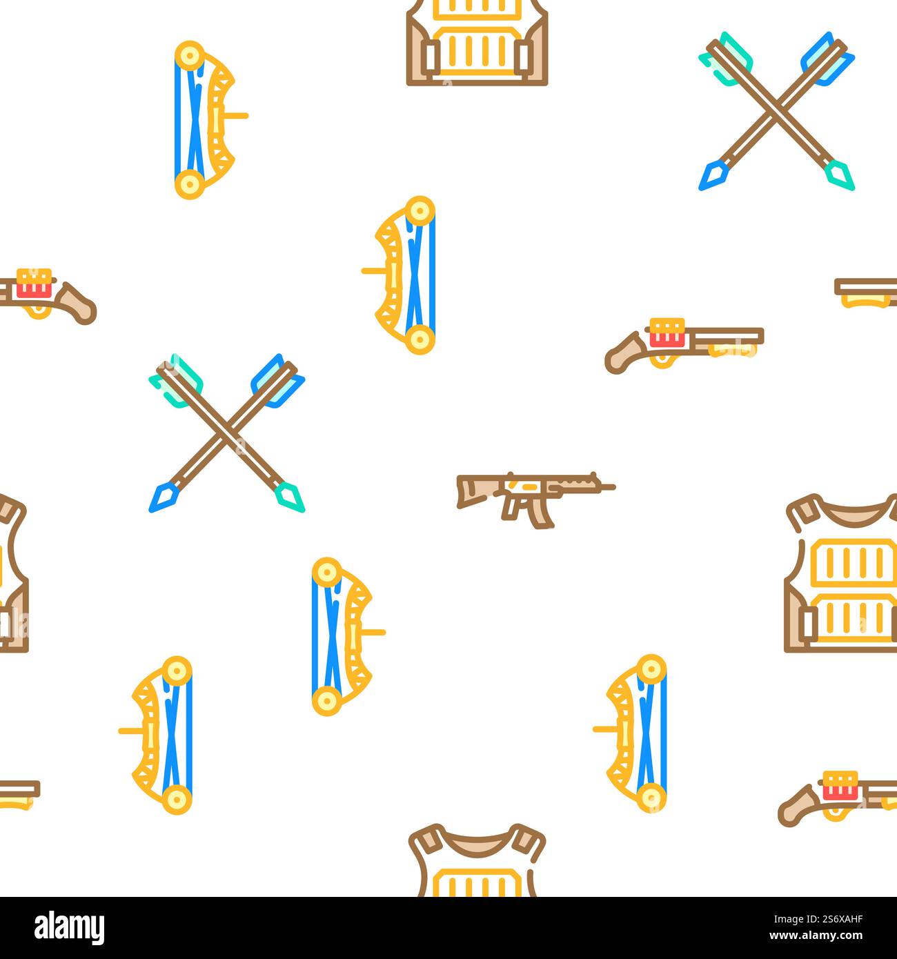 Illustrazione della linea di colore del vettore delle attrezzature militari delle armi. Icone dell'equipaggiamento militare delle armi Set Vector Illustrazione Vettoriale