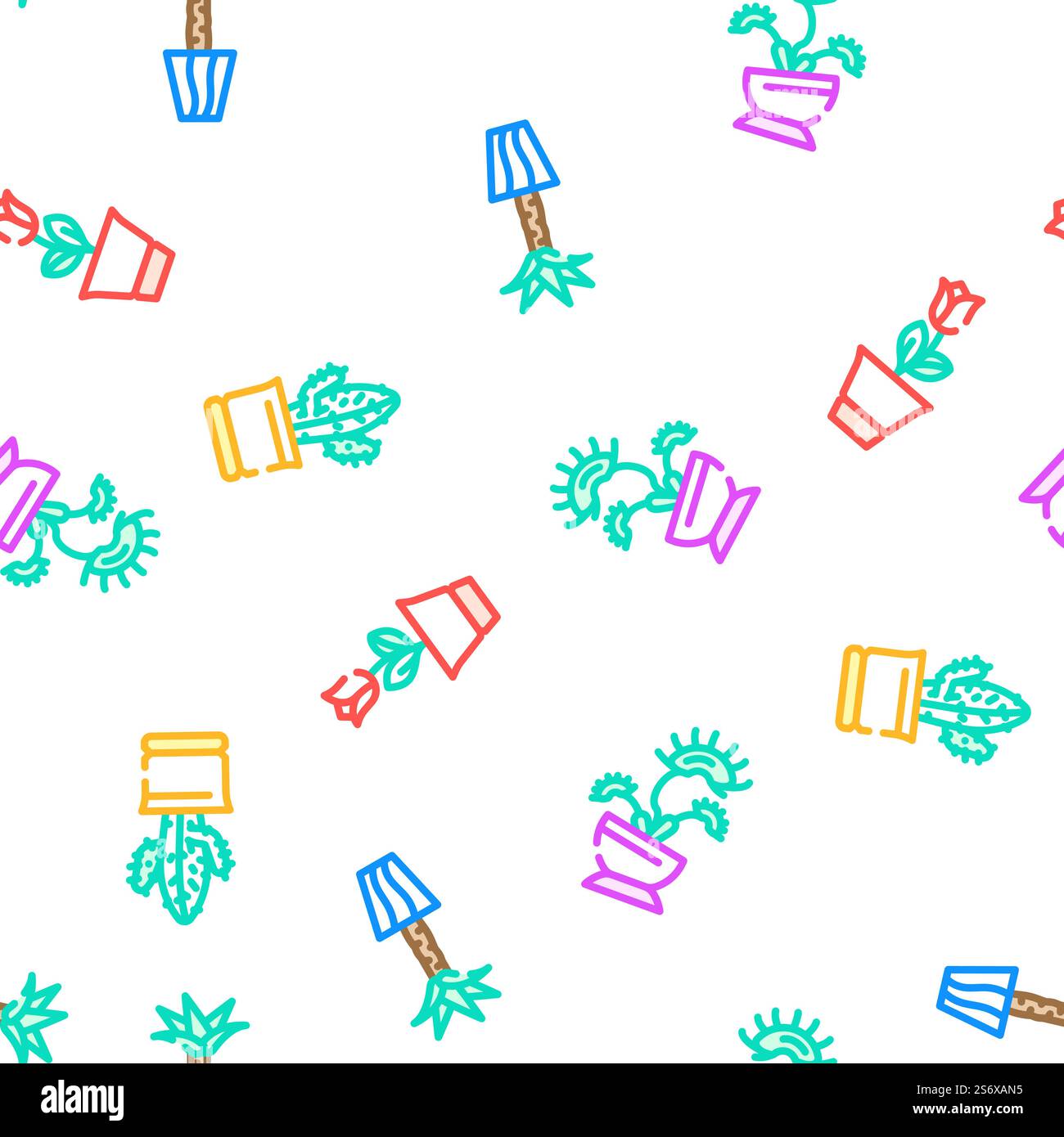 Accessori per la cura e l'impianto in vaso illustrazione della linea di colore del modello senza cuciture vettoriale. Icone degli accessori per la cura e l'impianto in vaso Set Vector Illustrazione Vettoriale
