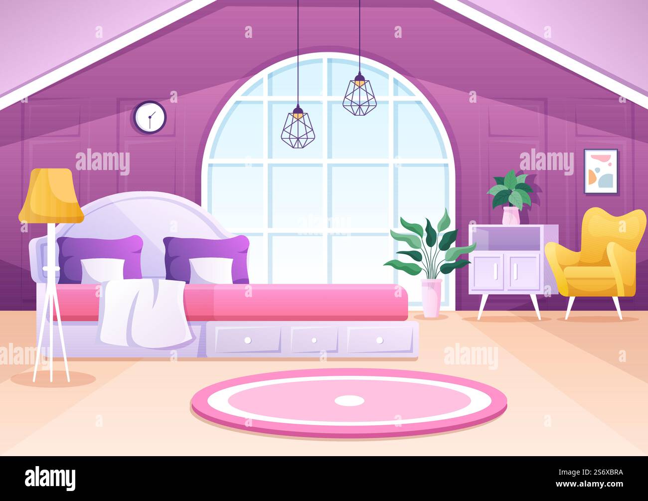 Accogliente camera da letto interno con mobili come il letto, armadio, Bedside Table, vaso, lampadario in stile moderno in Cartoon Vector Illustration Illustrazione Vettoriale