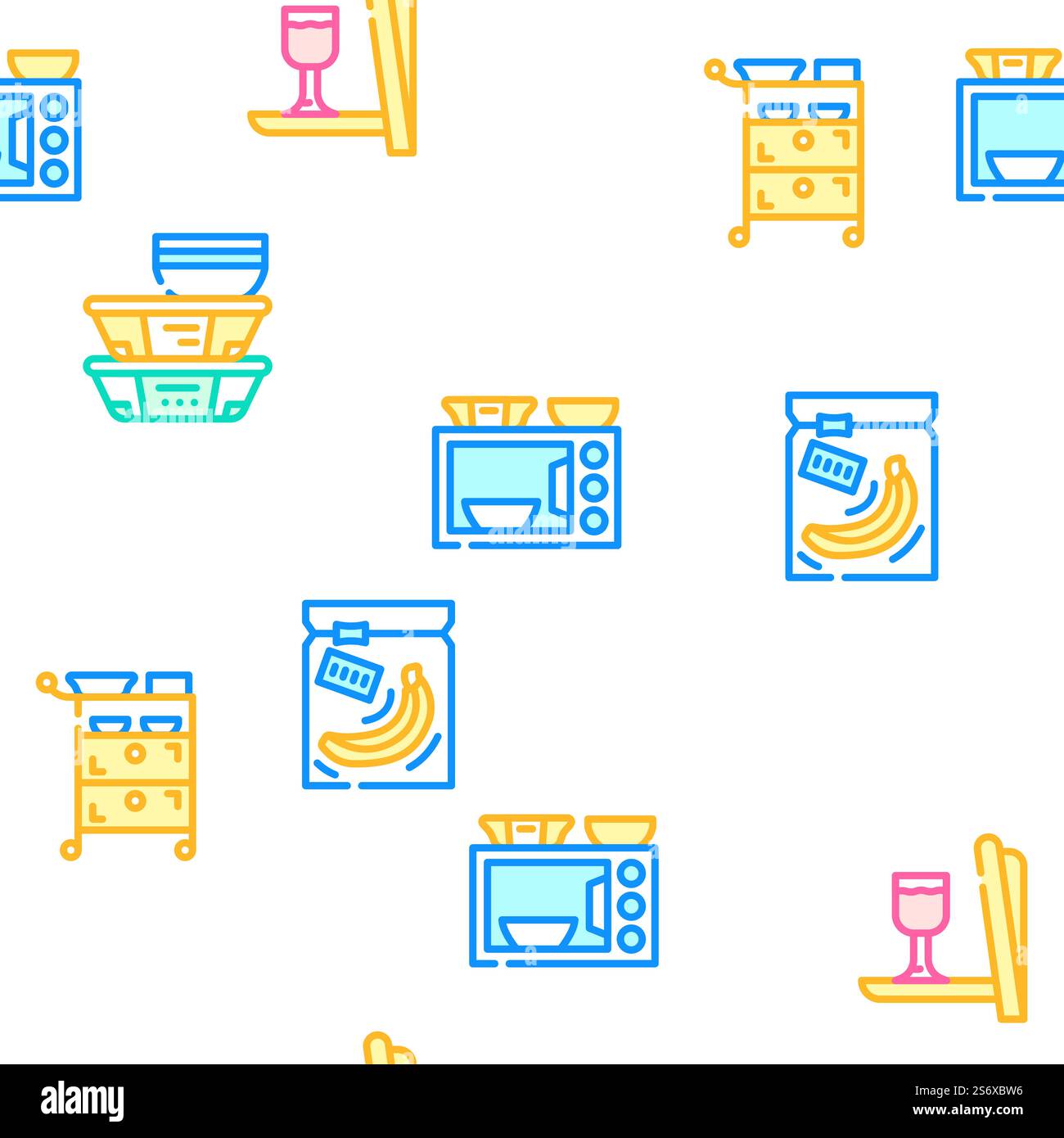 Illustrazione della linea di colore del modello senza cuciture del vettore di nutrizione alimentare della compagnia aerea. Airline Food Nutrition Vector Seamless Pattern Illustrazione Vettoriale