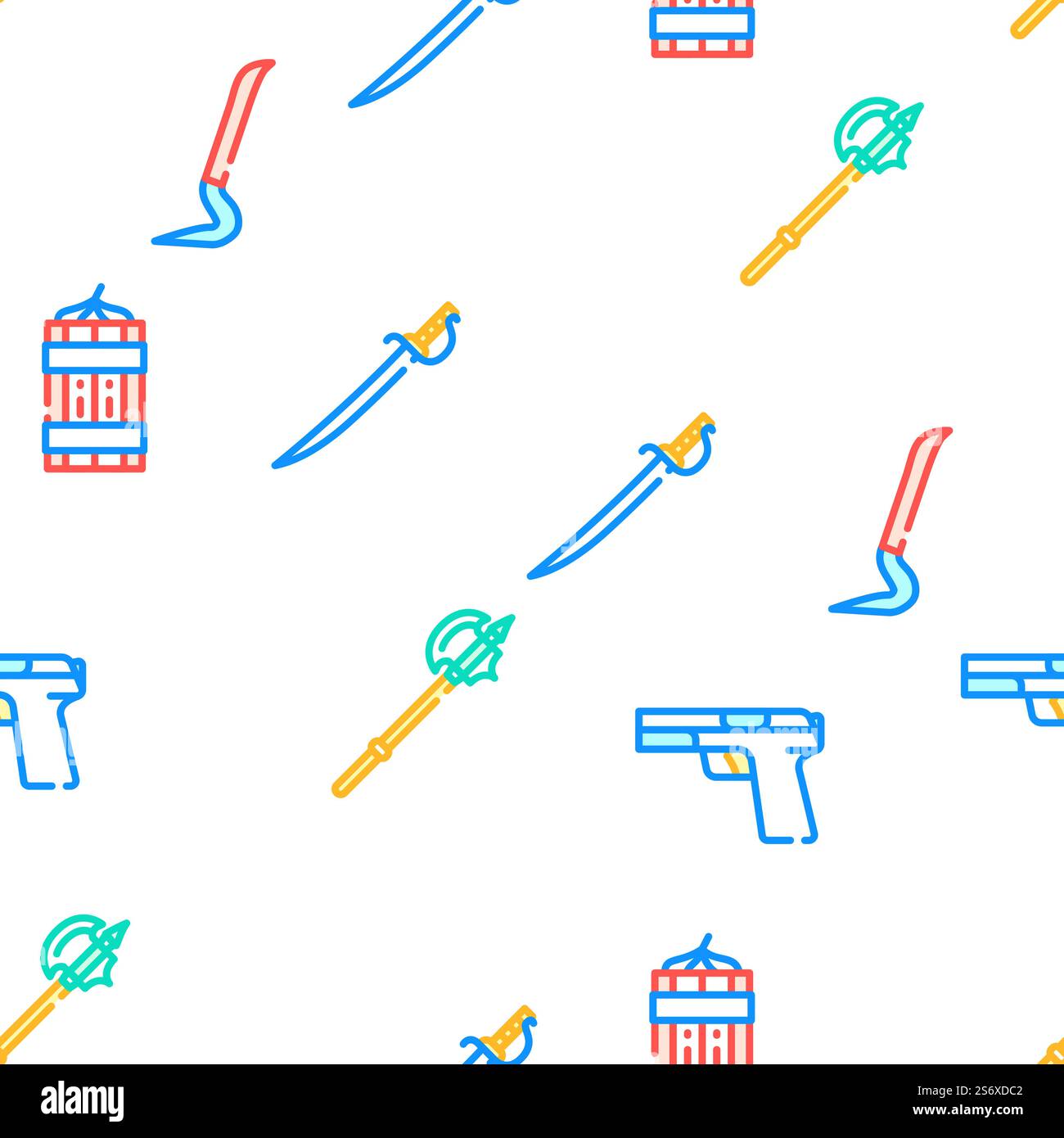 Illustrazione della linea di colore del vettore delle attrezzature militari delle armi. Icone dell'equipaggiamento militare delle armi Set Vector Illustrazione Vettoriale