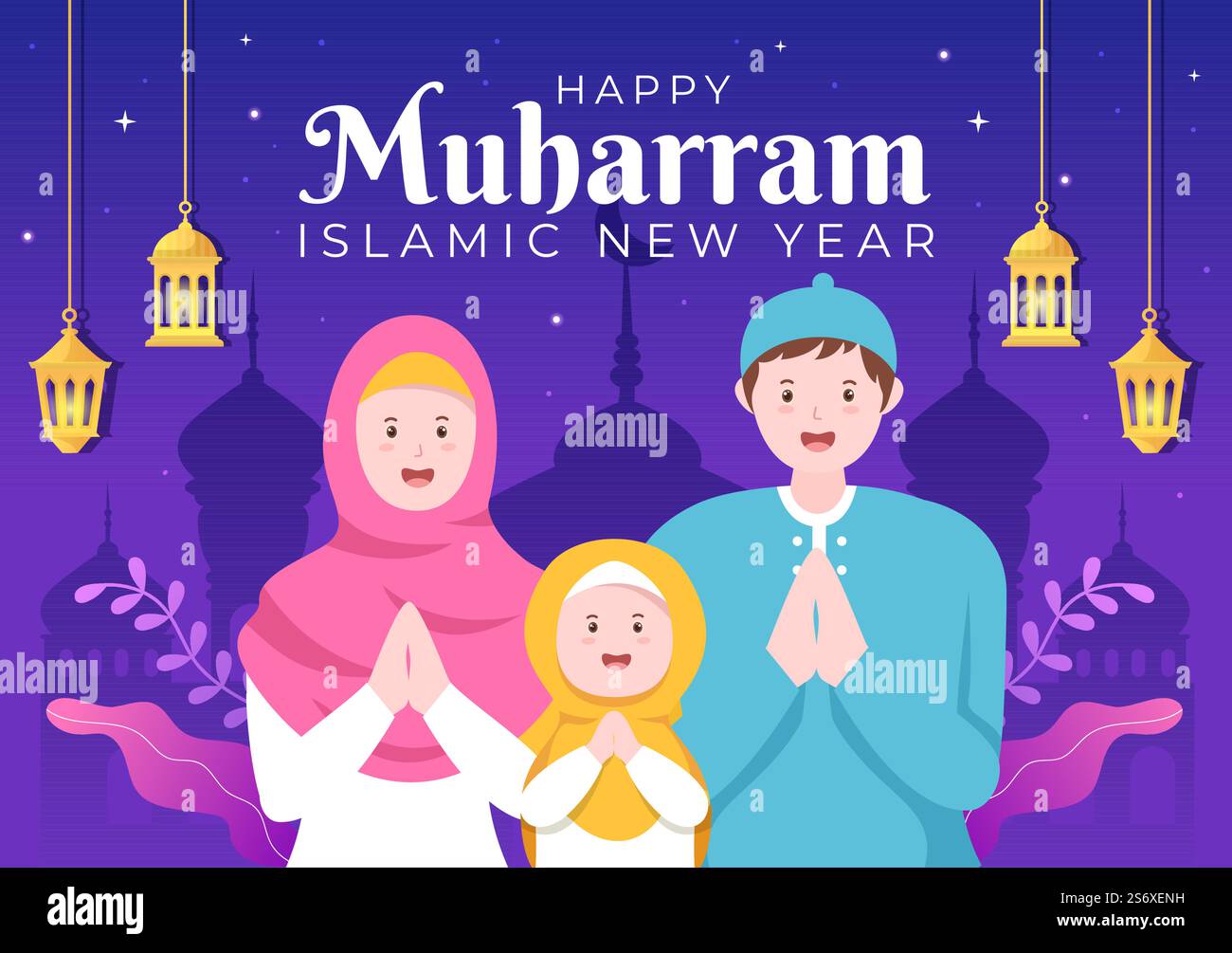 Capodanno islamico o 1 Muharram Vector sfondo Illustrazione della Famiglia musulmana celebrare può essere utilizzato per biglietto di saluto o invito Illustrazione Vettoriale