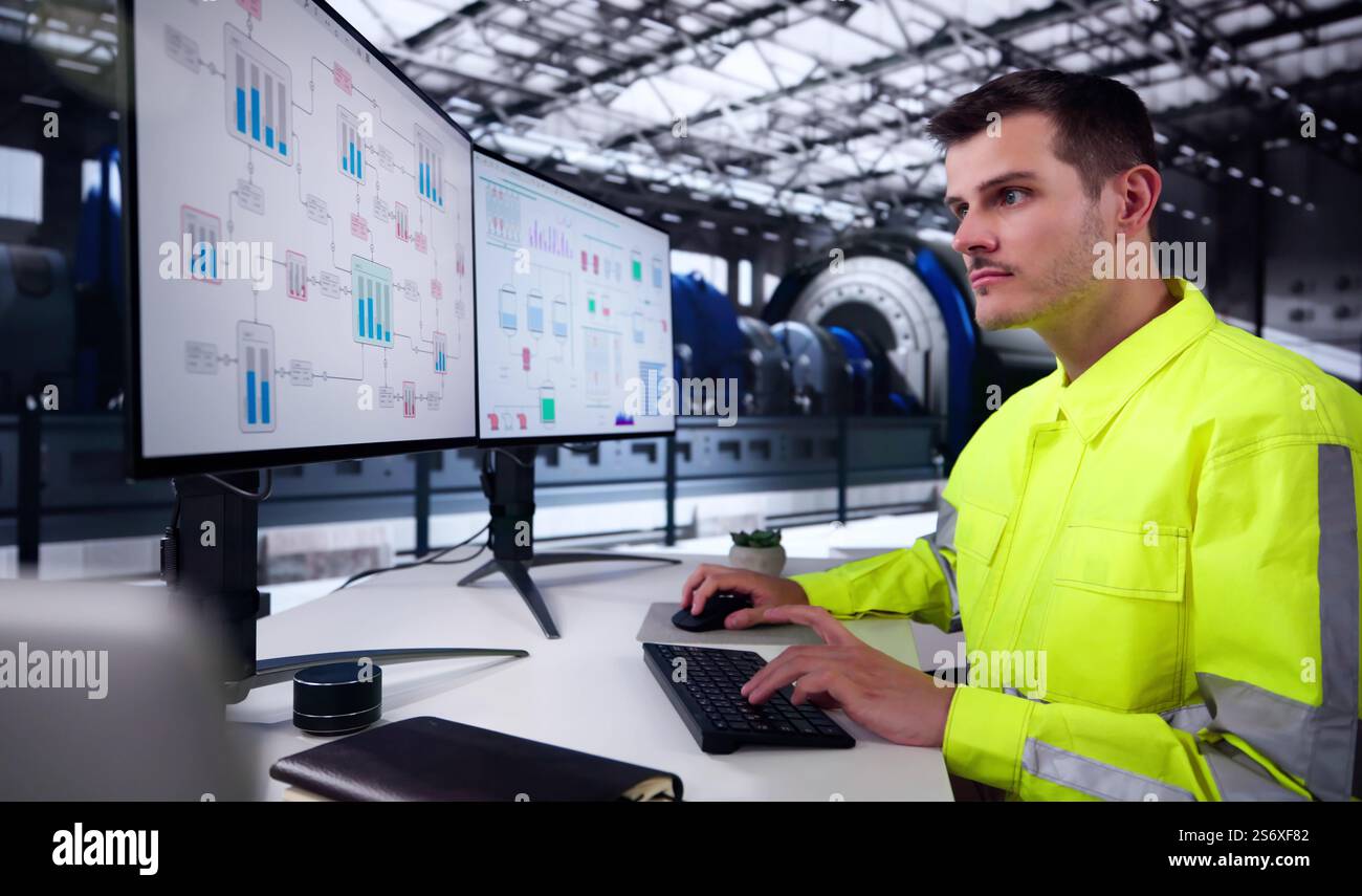 Uomo che lavora nella produzione di energia elettrica della centrale elettrica Foto Stock