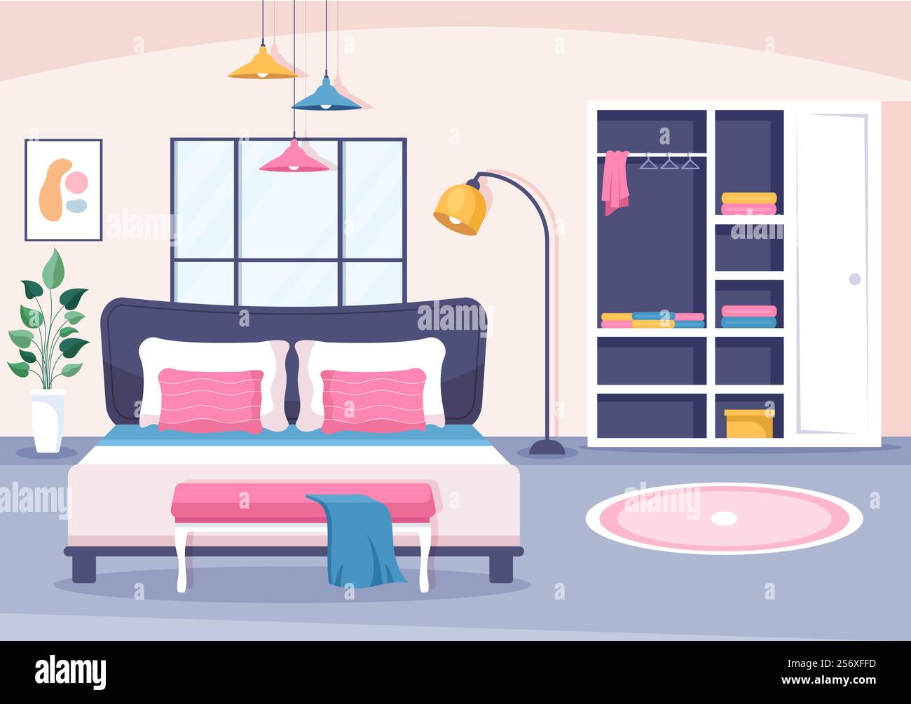 Accogliente camera da letto interno con mobili come il letto, armadio, Bedside Table, vaso, lampadario in stile moderno in Cartoon Vector Illustration Illustrazione Vettoriale