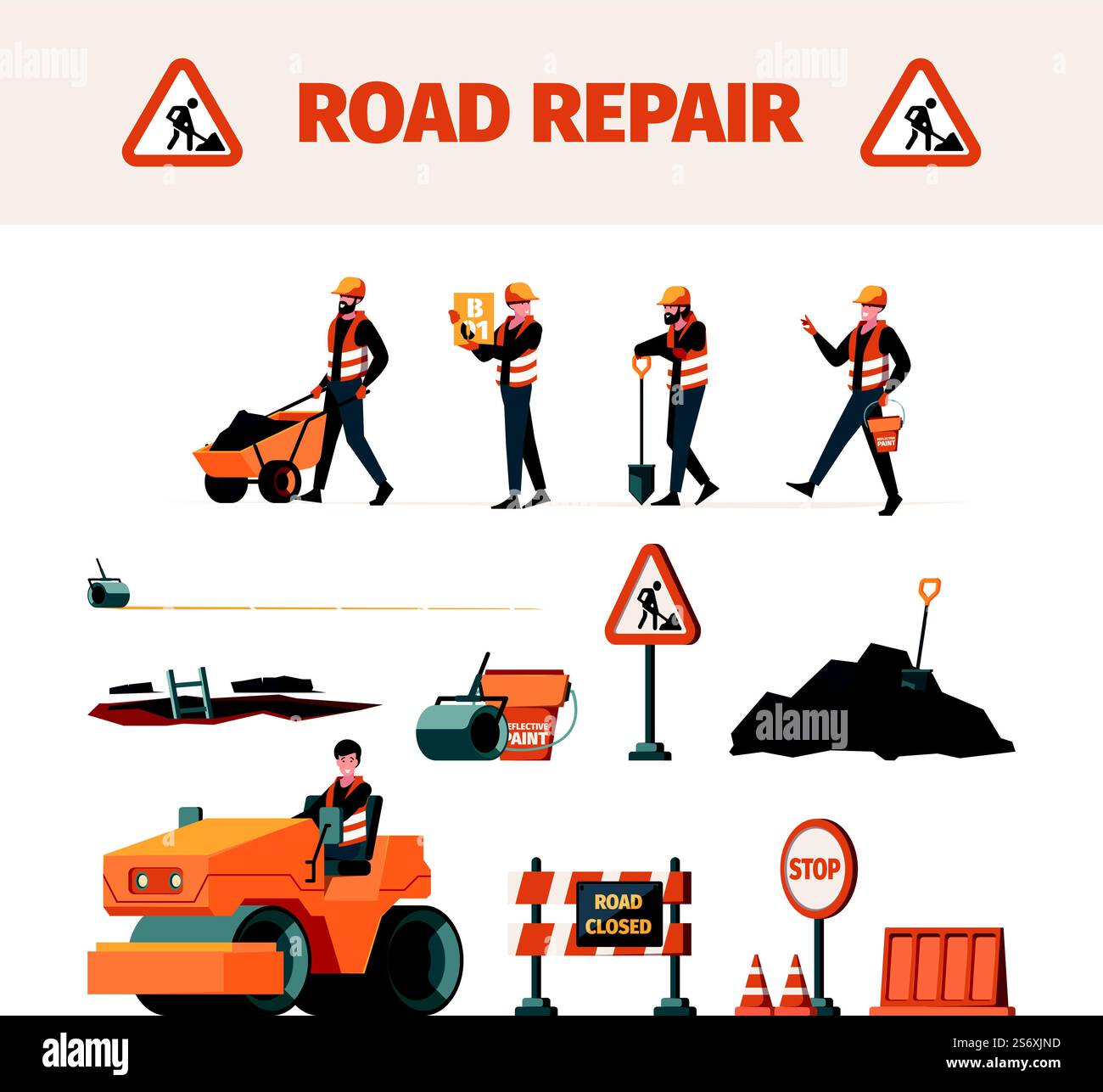 Costruttori di strade. Macchina per la manutenzione e strumenti di supporto per la riparazione di immagini vettoriali per strade stradali. Illustrazione della costruzione e del costruttore di attrezzature stradali. Costruttori di strade. Macchina per la manutenzione e strumenti di supporto per la riparazione di immagini vettoriali per strade stradali Illustrazione Vettoriale
