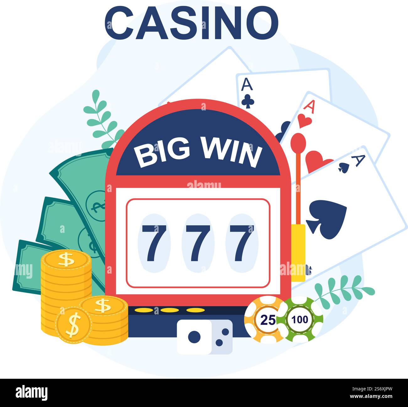 Illustrazione di Cartoon del Casino con i pulsanti, la macchina della scanalatura, la Roulette, i chip del Poker e le schede di gioco per disegno di stile di gioco Illustrazione Vettoriale