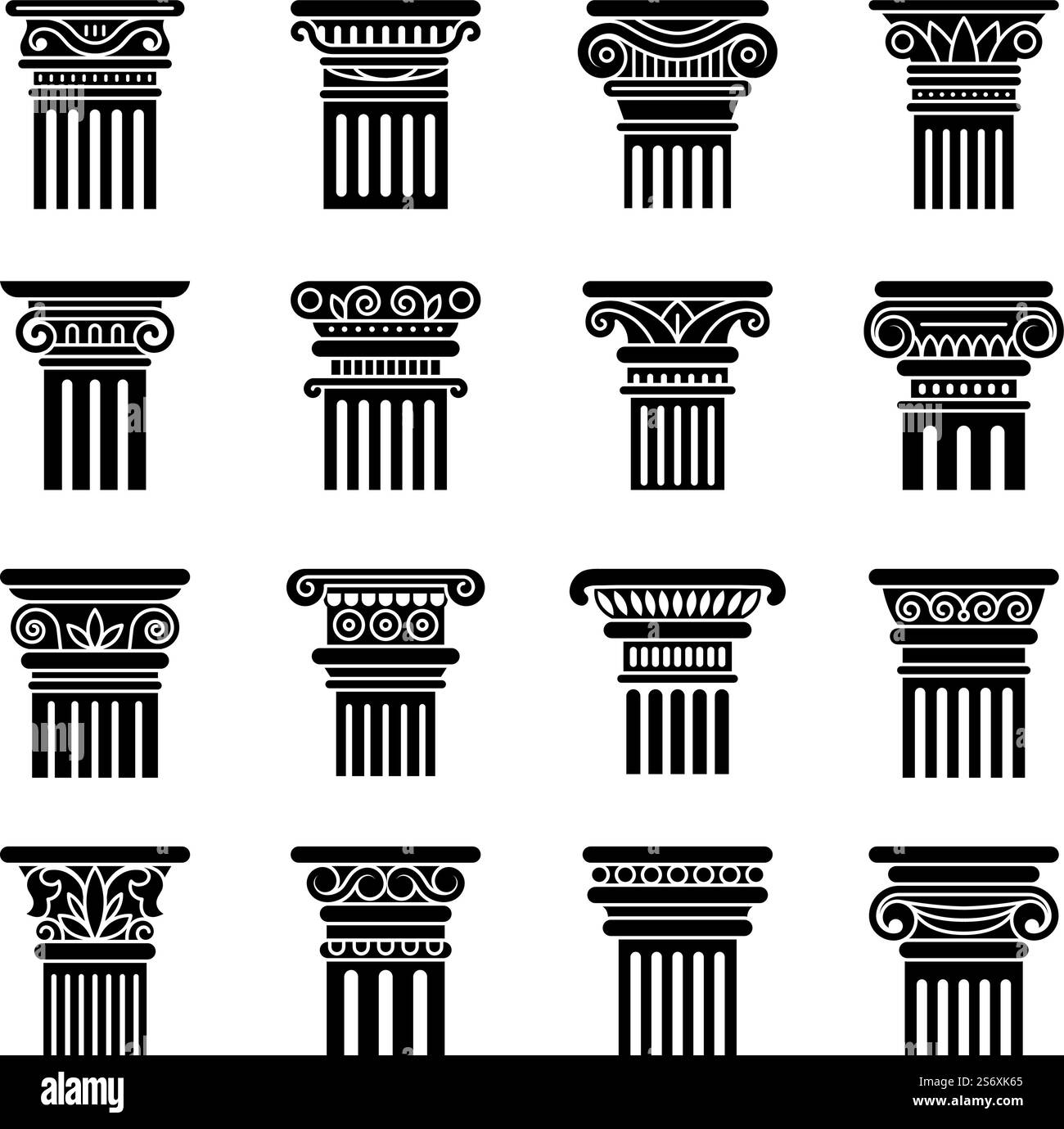 Pilastri antichi. Colonne decorative floreali stilizzate greche per la mostra storica del museo, simboli piatti vettoriali recenti, isolati. Illustrazione della colonna e dei pilastri dell'architettura. Pilastri antichi. Colonne decorative floreali stilizzate greche per la mostra storica del museo, simboli piatti vettoriali recenti, isolati Illustrazione Vettoriale