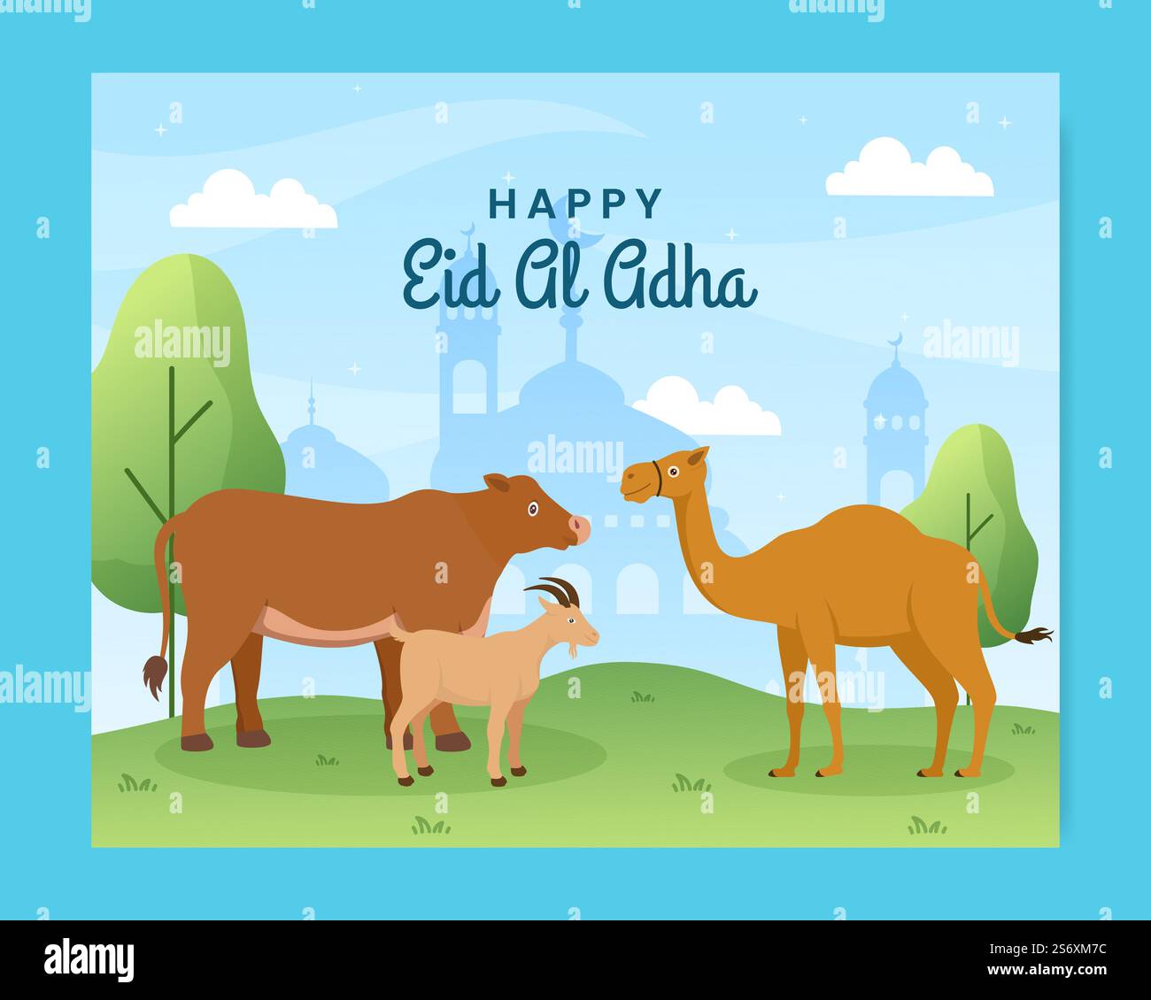 EID al Adha Photocall Template Social Media Flat Cartoon sfondo Illustrazione Illustrazione Vettoriale