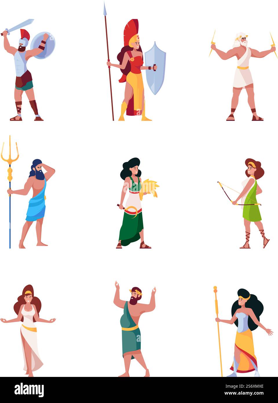 Antichi dei. Mitologia greca personaggi del pantheon hermes cupido hestia marte storia romana olimpo persone sgargianti vettoriali flat illustrazioni. Set di divinità mitologiche antiche, poseidone e atena. Antichi dei. Mitologia greca personaggi del pantheon hermes cupido hestia marte storia romana olimpo persone sgargianti vettoriali flat illustrazioni Illustrazione Vettoriale