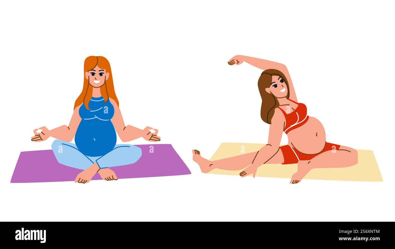 vettore yoga donna incinta. esercizio di gravidanza, sport prenatale, madre e bambino, fitness domestico, pilates salute maternità donna incinta carattere yoga. persone illustrazione a fumetti piatta. vettore yoga donna incinta Illustrazione Vettoriale