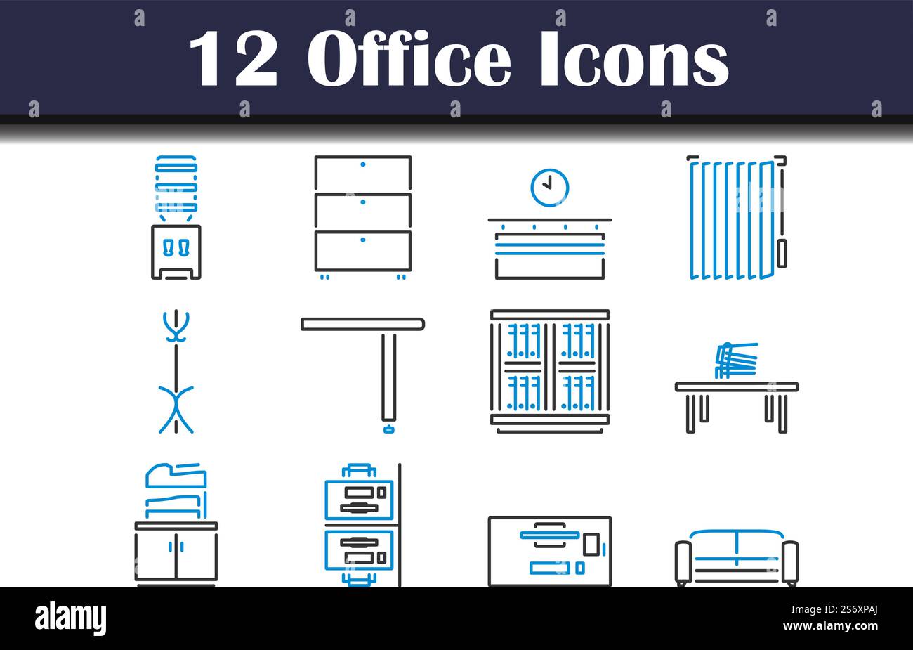 Set di icone Office. Contorno grassetto modificabile con disegno riempimento colore. Illustrazione vettoriale. Illustrazione Vettoriale