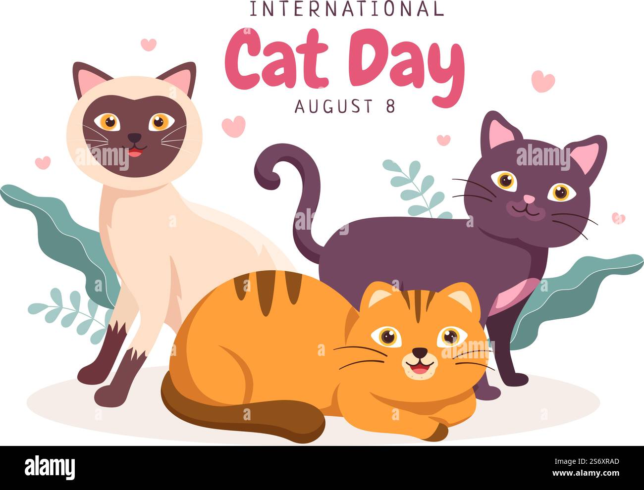 La Giornata internazionale del gatto celebra l'amicizia tra gli esseri umani e i gatti il mese di agosto in carino piatto sfondo illustrazione Illustrazione Vettoriale
