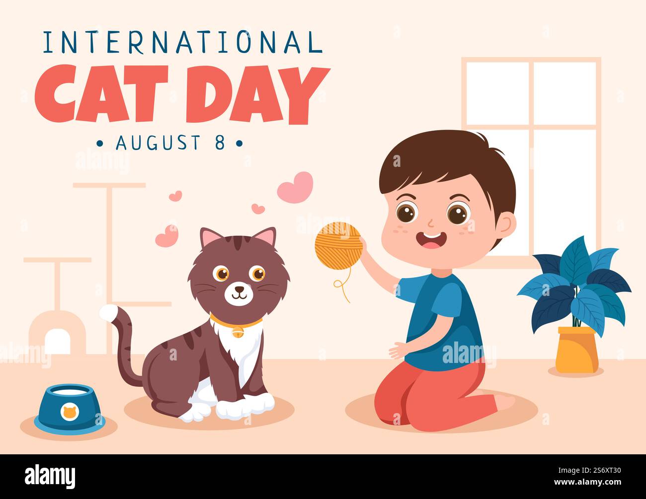 La Giornata internazionale del gatto celebra l'amicizia tra gli esseri umani e i gatti il mese di agosto in carino piatto sfondo illustrazione Illustrazione Vettoriale