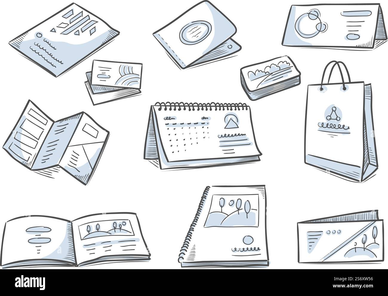 Produzione di stampa. Brochure di materiale pubblicitario promozionale disegnate a mano biglietti di visita per mostre aziendali recenti illustrazioni vettoriali di doodle. Adesivo e opuscolo con stampa marketing. Produzione di stampa. Brochure di materiale pubblicitario promozionale disegnate a mano biglietti di visita per mostre aziendali recenti illustrazioni vettoriali di doodle Illustrazione Vettoriale