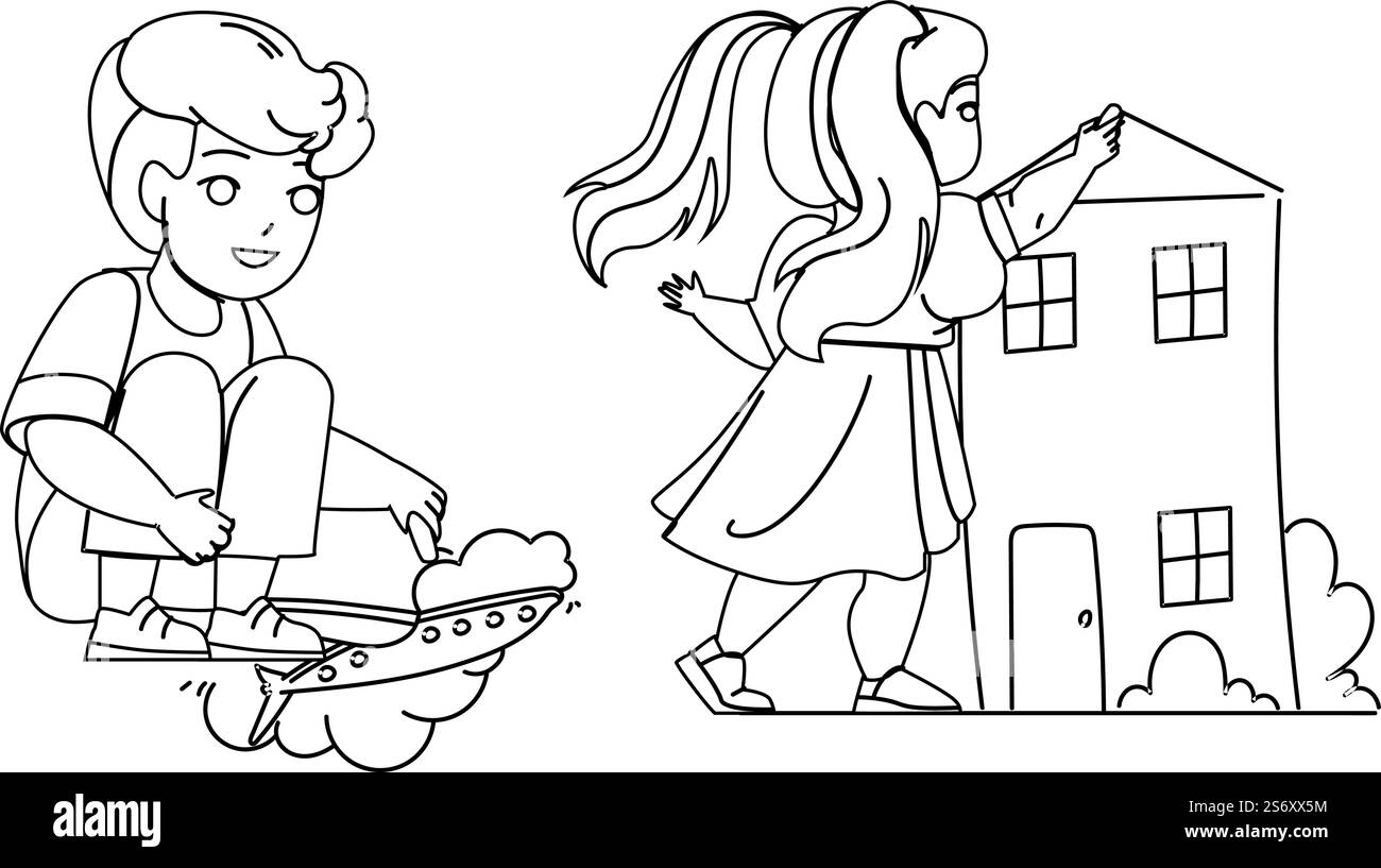 I bambini disegnano con il vettore gesso insieme. Ragazzo che disegna aeroplano sul pavimento e ragazza disegna immagine della casa sul muro. Personaggi bambini creatività tempo libero e divertente illustrazione in linea nera. I bambini disegnano con il vettore gesso insieme Illustrazione Vettoriale