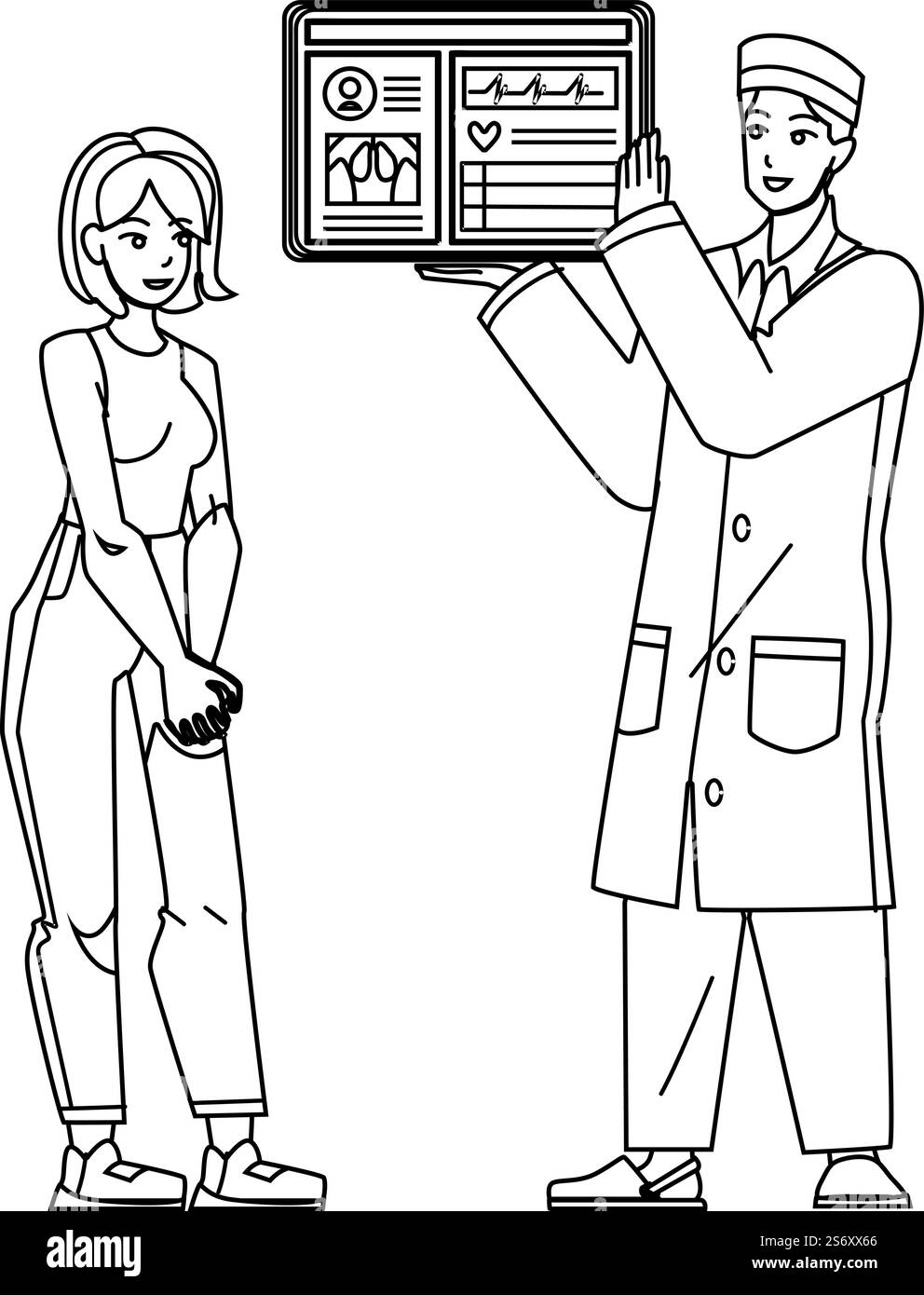 vettore eht della cartella clinica elettronica. medico ospedale, computer record, tecnologia paziente, tablet digitale informazioni cartella clinica elettronica eht. persone con linea nera che disegnano immagini vettoriali. vettore eht della cartella clinica elettronica Illustrazione Vettoriale