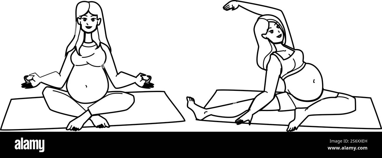 vettore yoga donna incinta. esercizio di gravidanza, sport prenatale, madre e bambino, fitness domestico, pilates salute maternità donna incinta yoga. persone con linea nera che disegnano immagini vettoriali. vettore yoga donna incinta Illustrazione Vettoriale