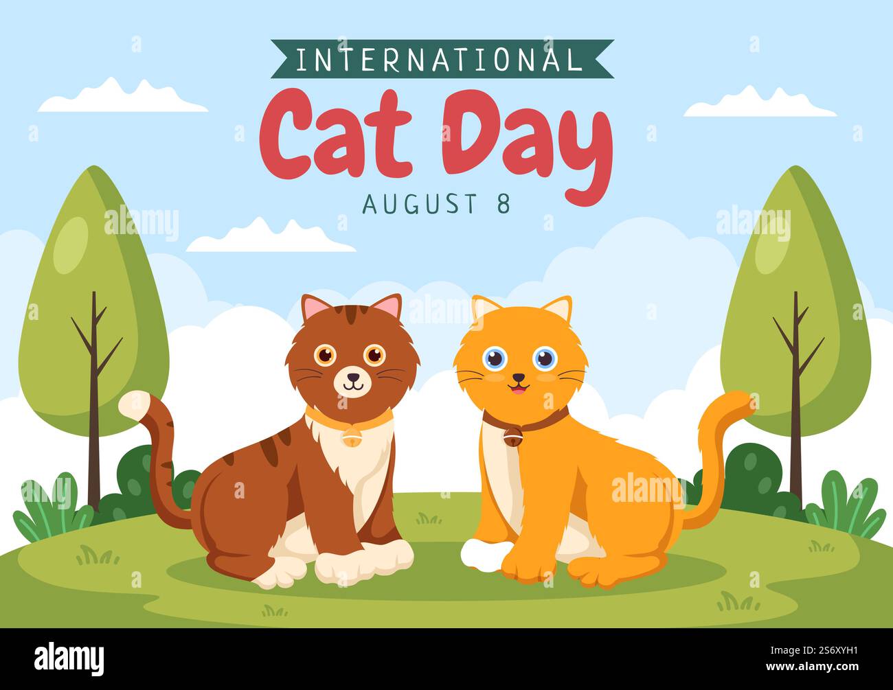 La Giornata internazionale del gatto celebra l'amicizia tra gli esseri umani e i gatti il mese di agosto in carino piatto sfondo illustrazione Illustrazione Vettoriale