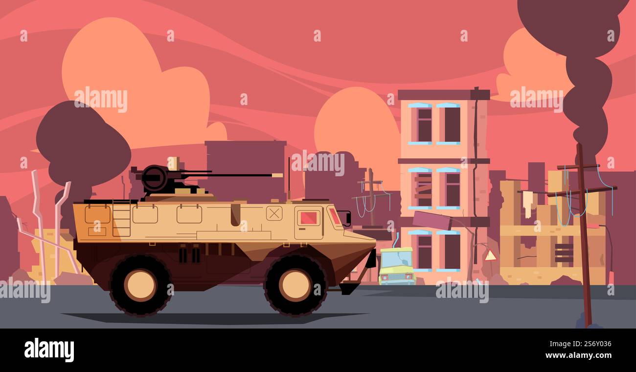 Distruzione di guerra. Edifici danneggiati veicoli militari carri armati soldati missione di combattimento per distrutta città vivente apocalipsi sfondo colorato vettore. Illustrazione della distruzione militare di guerra. Distruzione di guerra. Edifici danneggiati trasporto militare carri armati esercito soldati missione di combattimento per città viventi distrutta apocalipsi sfondo vettoriale sgargiante Illustrazione Vettoriale
