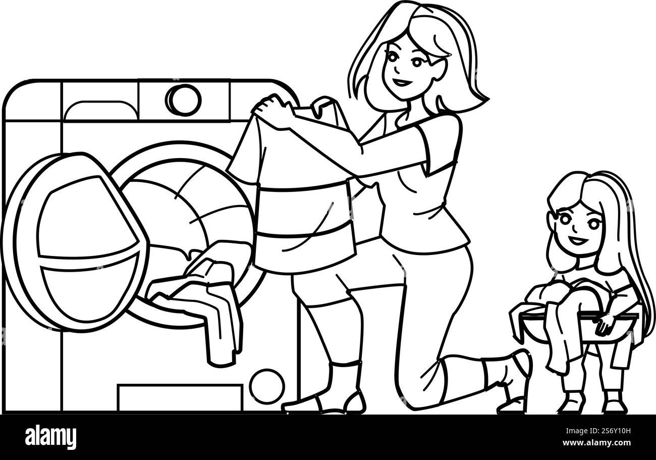 vettoriale asciugatrice. lavatrice per la casa, stoffa pulita, camera con scaffale, asciugatrice per il bagno. persone con linea nera che disegnano immagini vettoriali. vettoriale asciugatrice Illustrazione Vettoriale