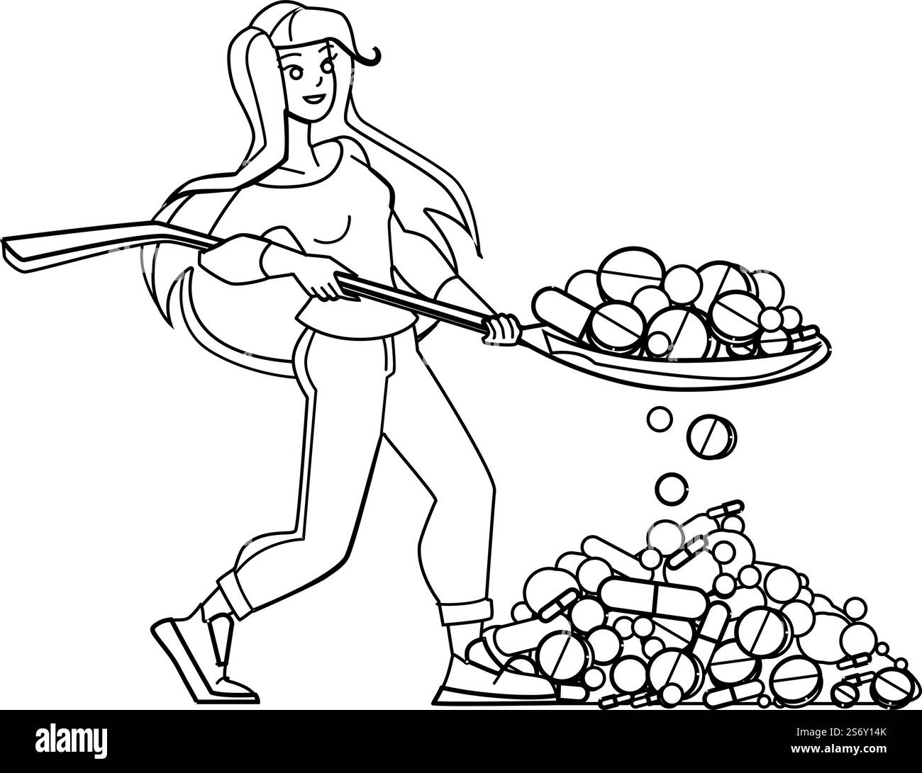 vettore pillola cucchiaio. capsula integratore, cucchiaio donna salute vitamina, cibo collagene cucchiaio pillola carattere. persone con linea nera che disegnano immagini vettoriali. vettore pillola cucchiaio Illustrazione Vettoriale