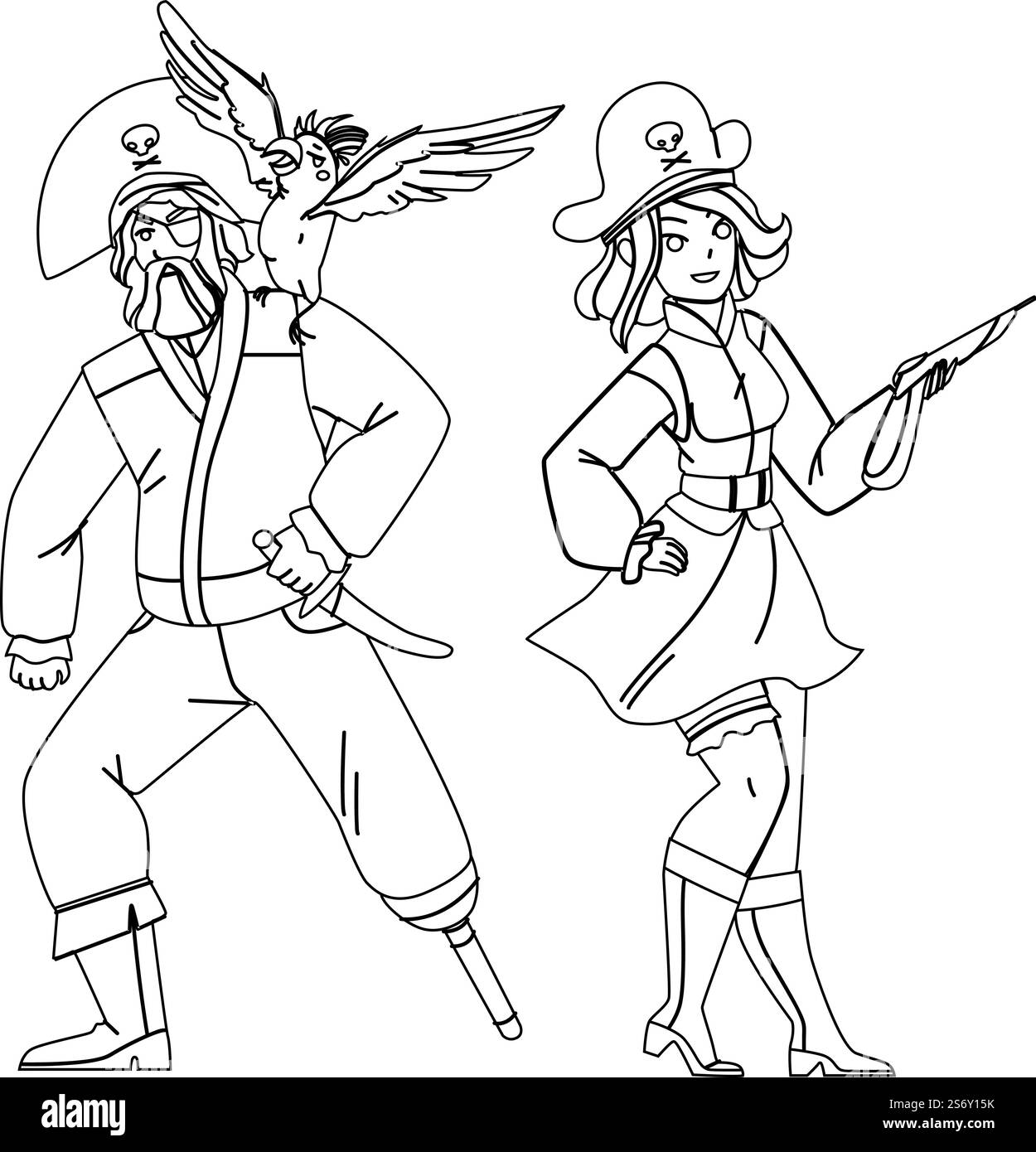 Uomo e donna Pirate in piedi insieme Vector. Bearded Guy with Parrot Bird on Shoulder e Woman with Weapon Gun wearing Pirate Hat and Costume. Illustrazione della linea nera dei caratteri. Uomo e donna Pirate in piedi insieme Vector Illustrazione Vettoriale Uomo e donna Pirate in piedi insieme Vector. Bearded Guy with Parrot Bird on Shoulder e Woman with Weapon Gun wearing Pirate Hat and Costume. Illustrazione della linea nera dei caratteri. Uomo e donna Pirate in piedi insieme Vector Illustrazione Vettoriale