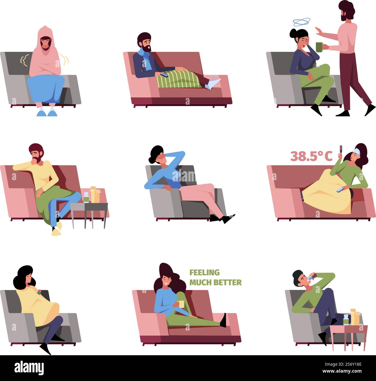Persone malate. Processi ricreativi di malattia persone che recuperano i personaggi di influenza uomo su divano vettoriale immagini di concetto colorate. Illustrazione di persone malate e malattie, guarire e riposare. Persone malate. Processi ricreativi di malattia persone che recuperano i personaggi di influenza uomo su divano vettoriale immagini di concetto colorate Illustrazione Vettoriale