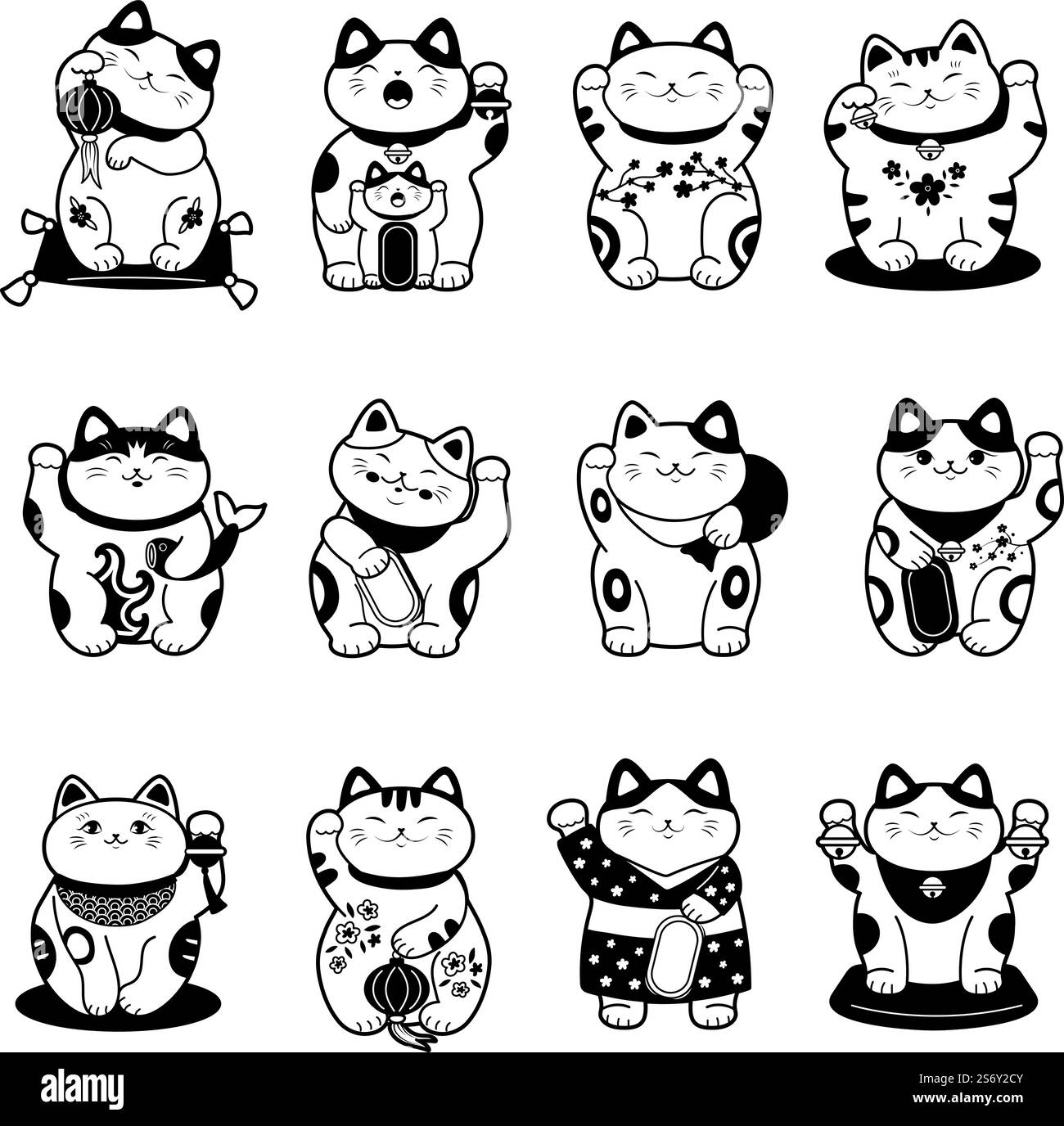 Gatto asiatico. Etichette monocromatiche stilizzate di maneki neko animale asiatico tradizionale della fortuna e immagini vettoriali recenti isolate. Illustrazione di gatto asiatico e giapponese. Gatto asiatico. Etichette monocromatiche stilizzate di maneki neko animale asiatico tradizionale della fortuna e immagini vettoriali recenti isolate Illustrazione Vettoriale