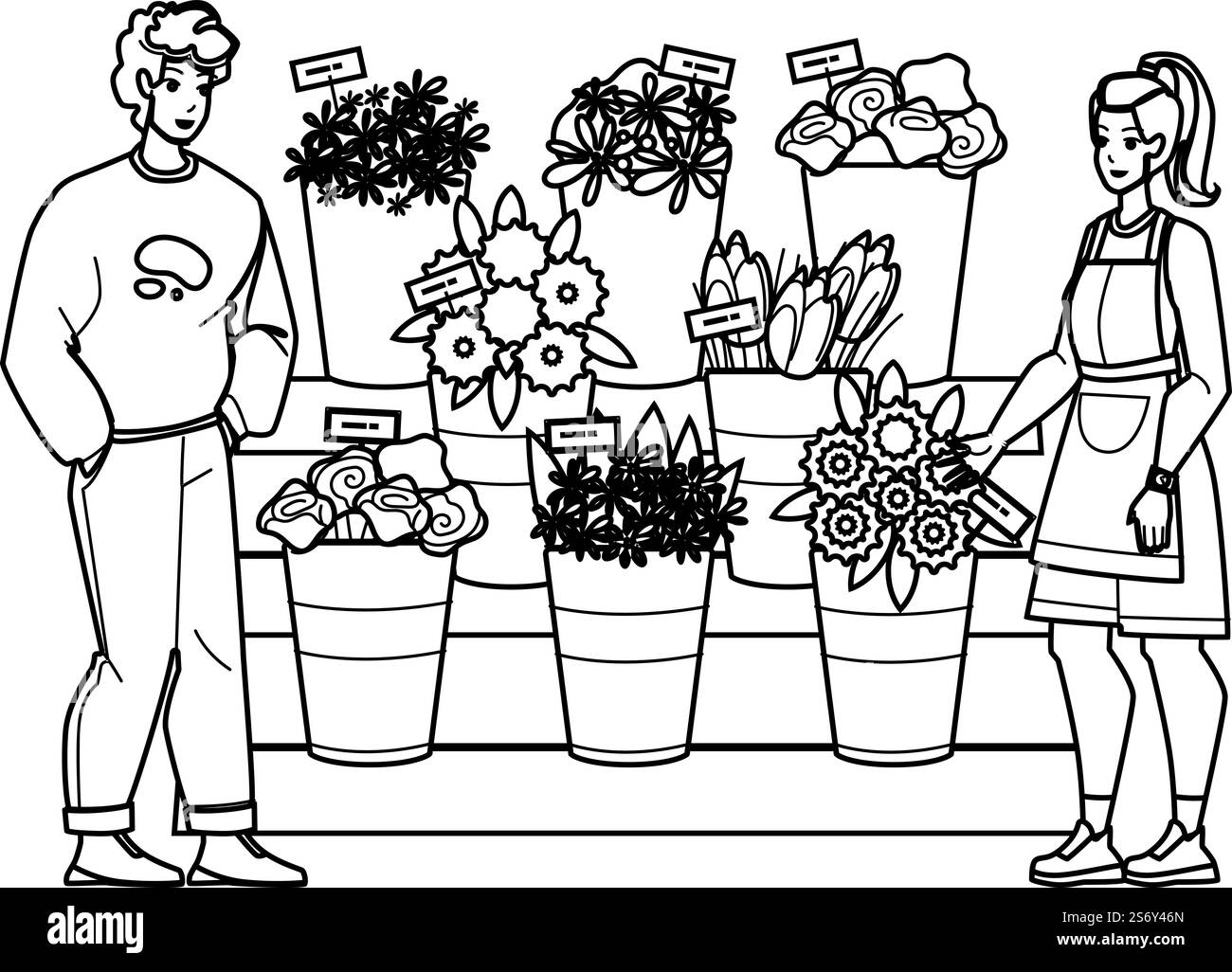 vettore di stallo dei fiori. negozio, mercato del boquet, vendita floreale in strada, chiosco esterno con fiori. persone con linea nera che disegnano immagini vettoriali. vettore di stallo dei fiori Illustrazione Vettoriale