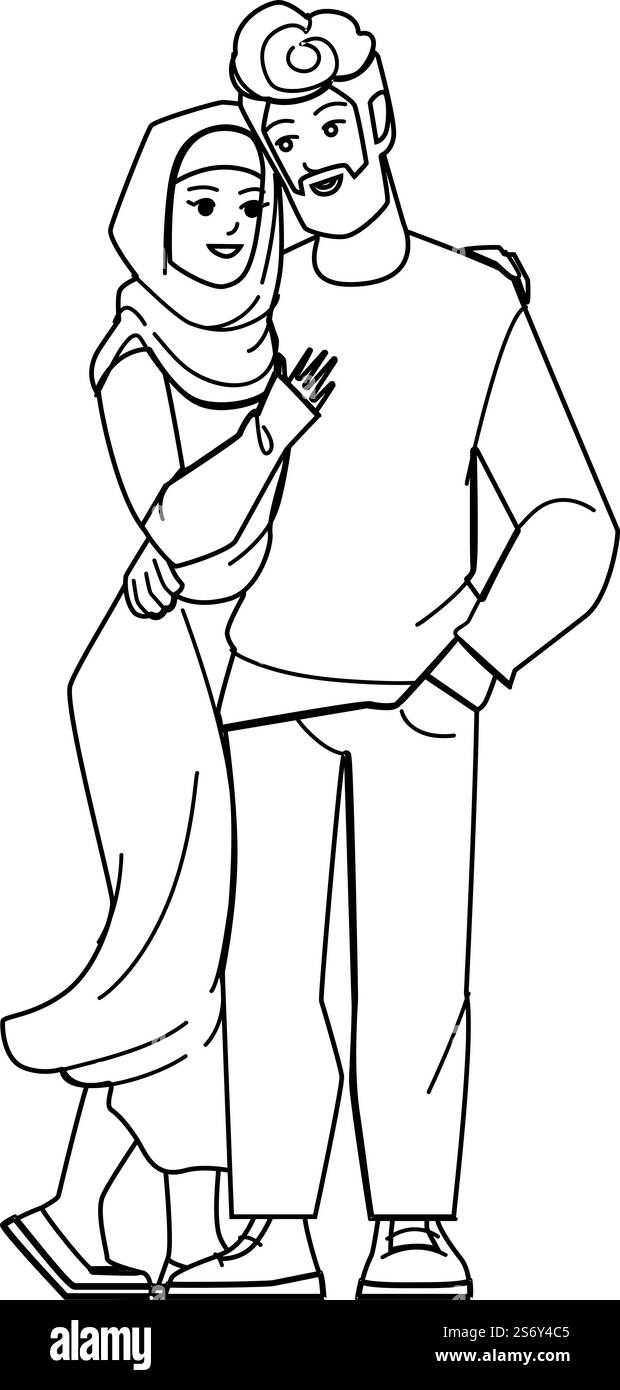 vettore di coppia musulmana. uomo arabo donna, hijab, famiglia giovane moglie marito musulmano coppia carattere. persone con linea nera che disegnano immagini vettoriali. vettore di coppia musulmana Illustrazione Vettoriale