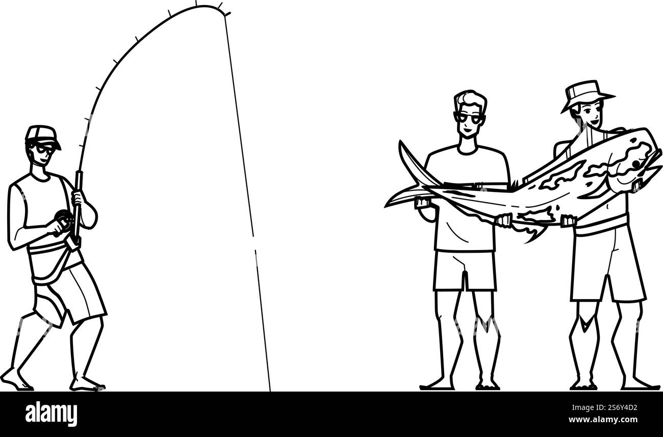 vettore di pesca con imbarcazioni. oceano profondo, pesci grossi, sport d'acqua salata, yacht con canna da pesca, imbarcazioni da pesca con trolling. persone con linea nera che disegnano immagini vettoriali. vettore di pesca con imbarcazioni Illustrazione Vettoriale