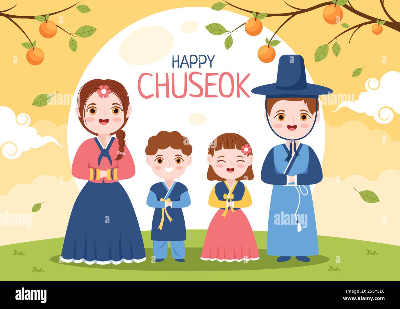 Giornata di Chuseok felice in Corea per il Ringraziamento con la gente in Hanbok tradizionale, Luna piena e Paesaggio cielo in Flat Cartoon Illustrazione Illustrazione Vettoriale