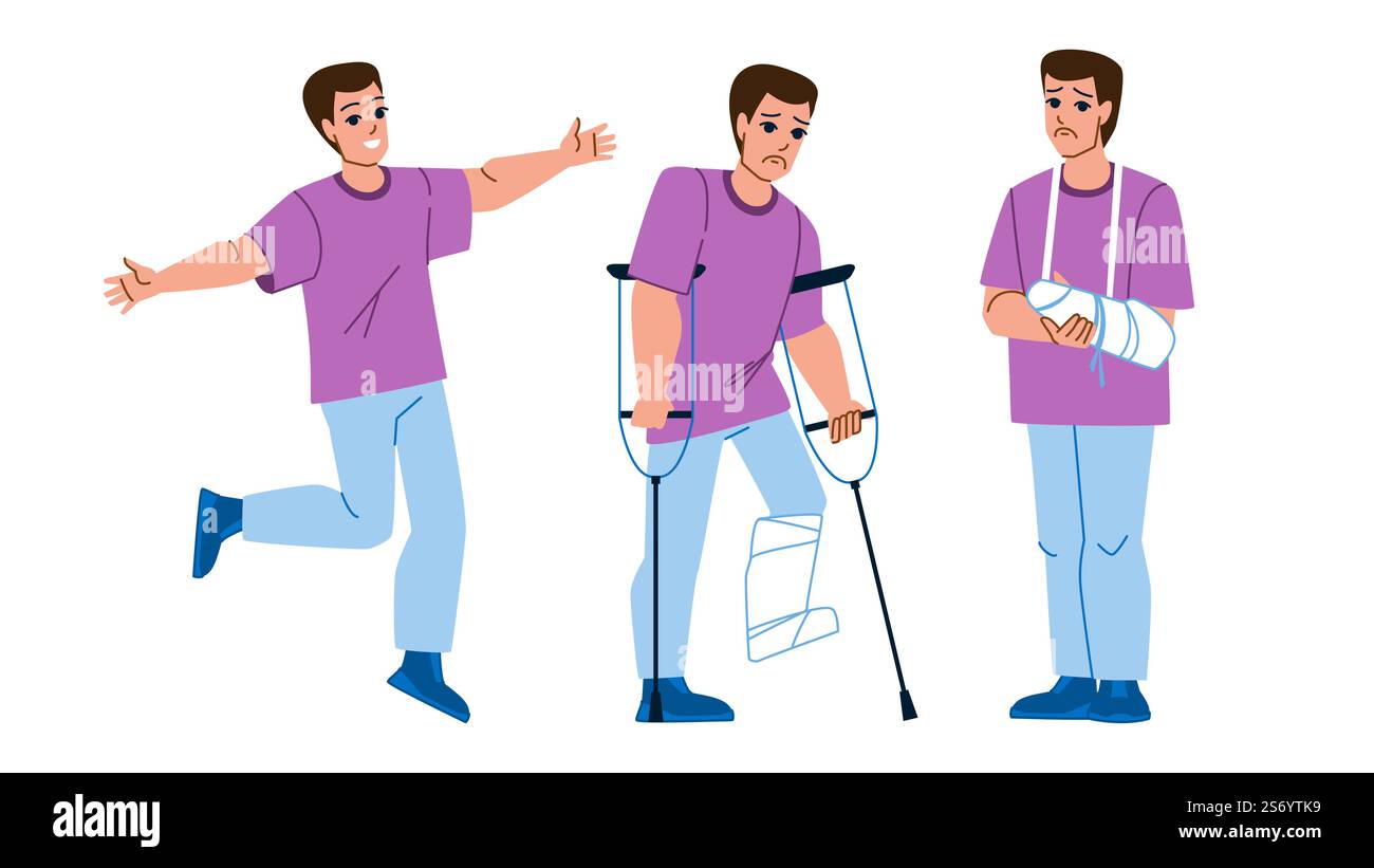 vettore uomo frattura. gamba rotta, gesso incidente, ferita a casa, persona bendaggio frattura personaggio. persone illustrazione a fumetti piatta. vettore uomo frattura Illustrazione Vettoriale