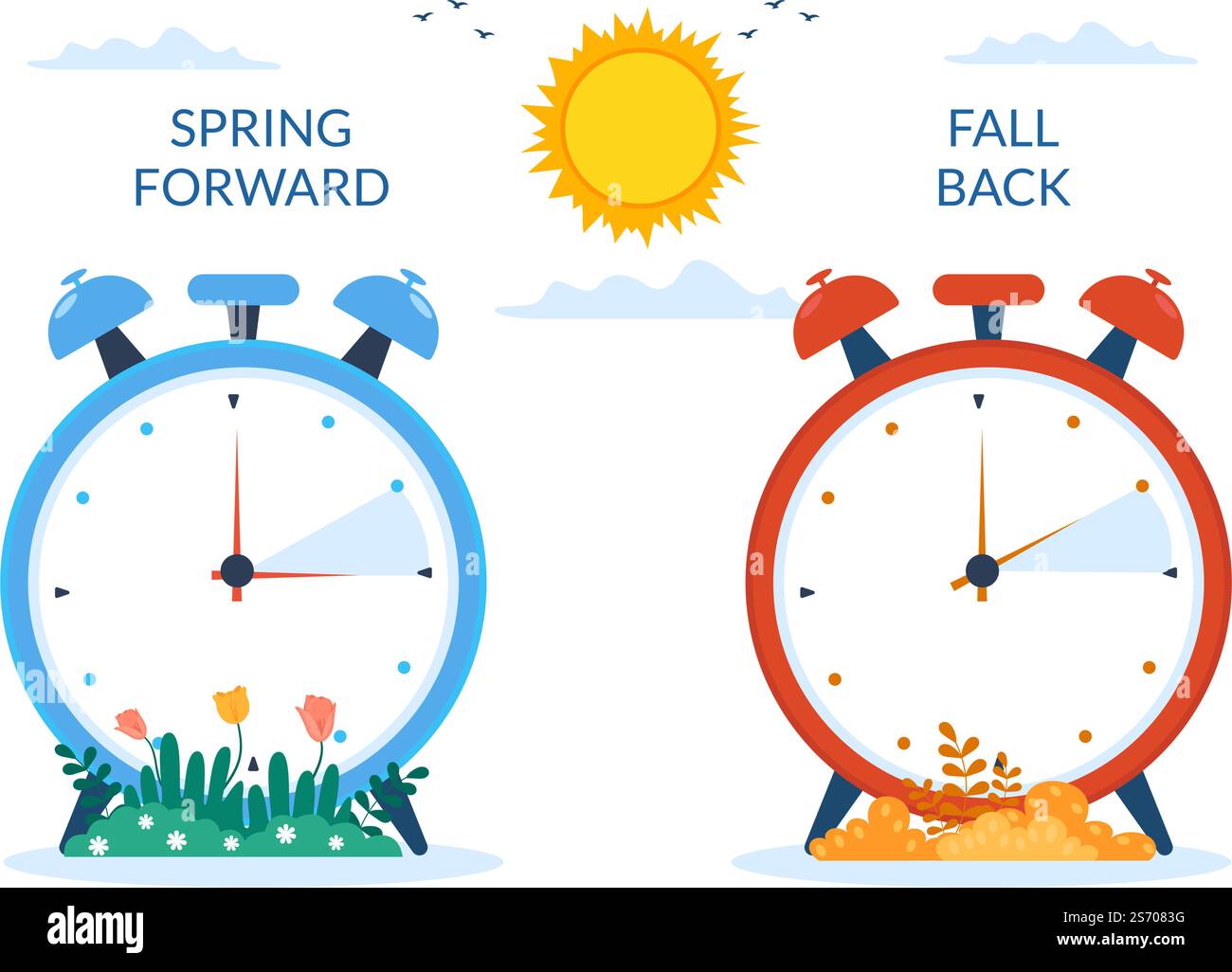 Ora legale Cartoon piano disegnato a mano Illustrazione con sveglia o calendario Dall'estate alla primavera progettazione in avanti Illustrazione Vettoriale