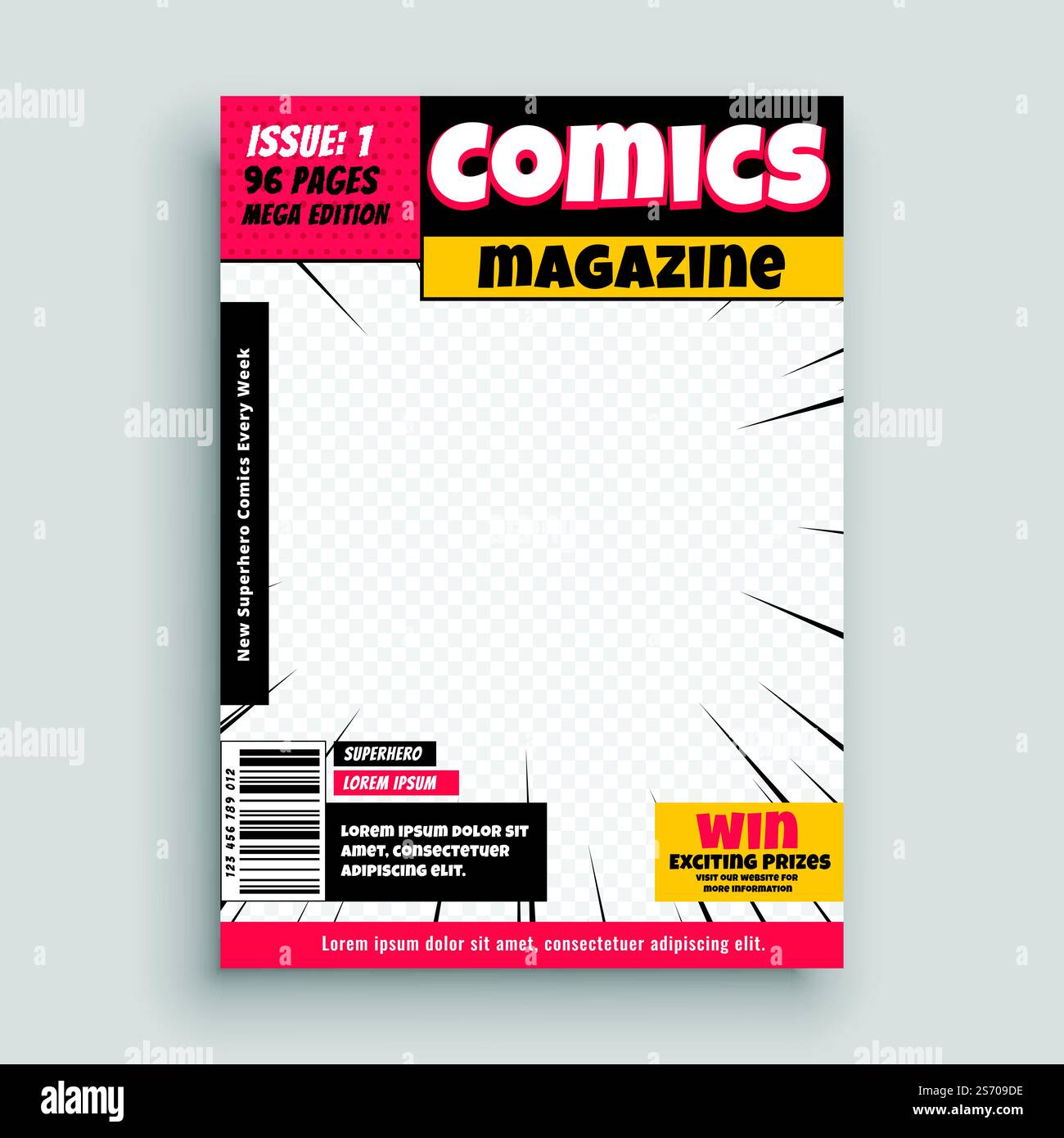 disegno del modello della pagina anteriore del libro di rivista comic Illustrazione Vettoriale