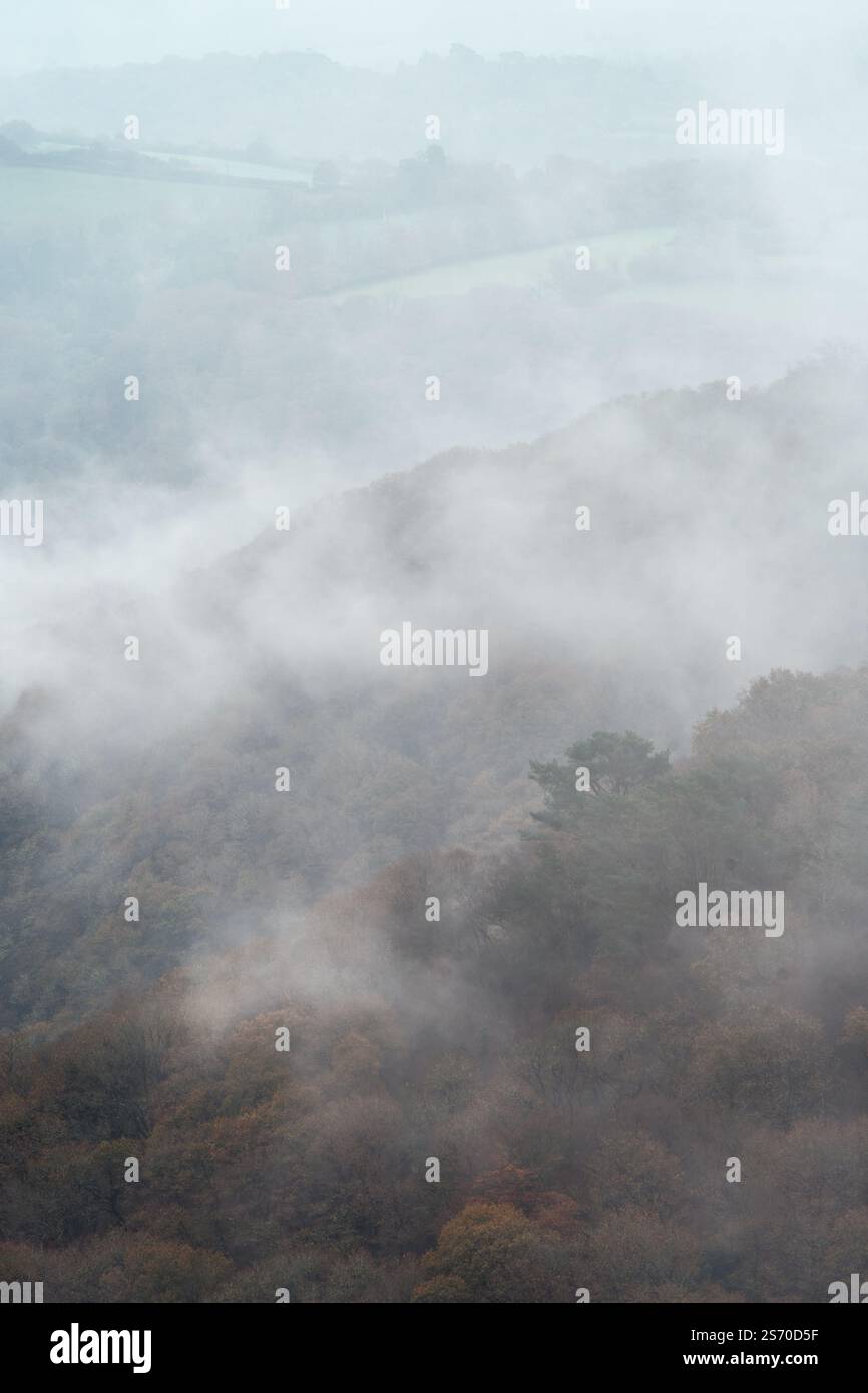Teleobiettivo che guarda attraverso la valle del Dart in direzione di Bench Tor, in una giornata nebbiosa in autunno. Foto Stock