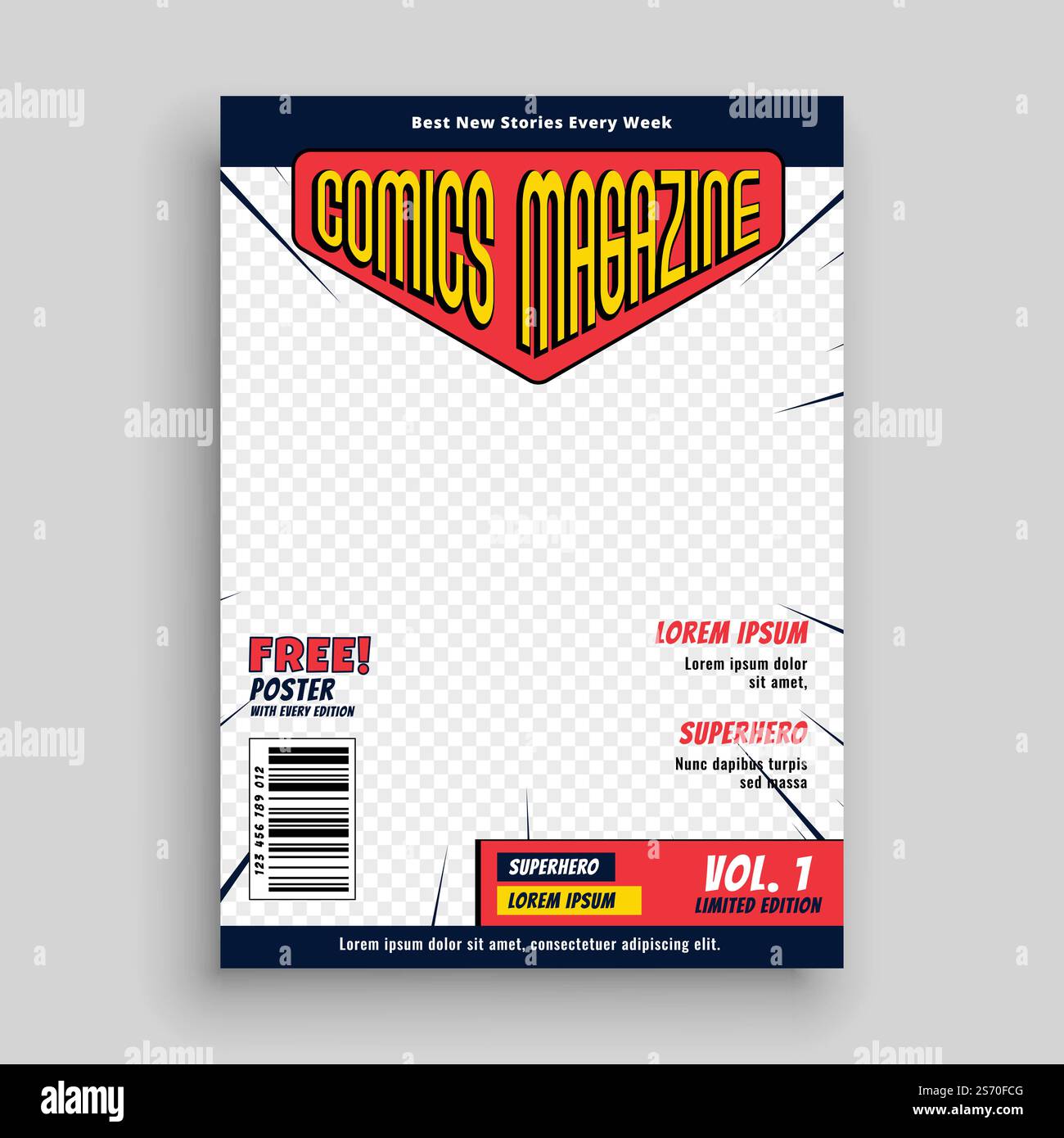 disegno del modello della pagina anteriore del libro di rivista comic Illustrazione Vettoriale