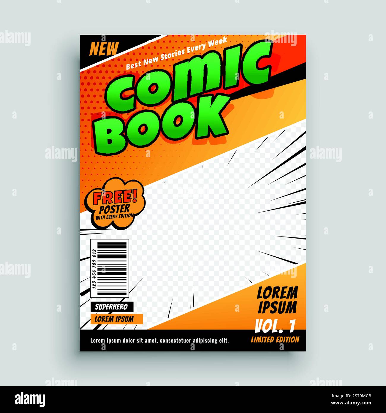 design del modello di copertina della rivista di fumetti Illustrazione Vettoriale