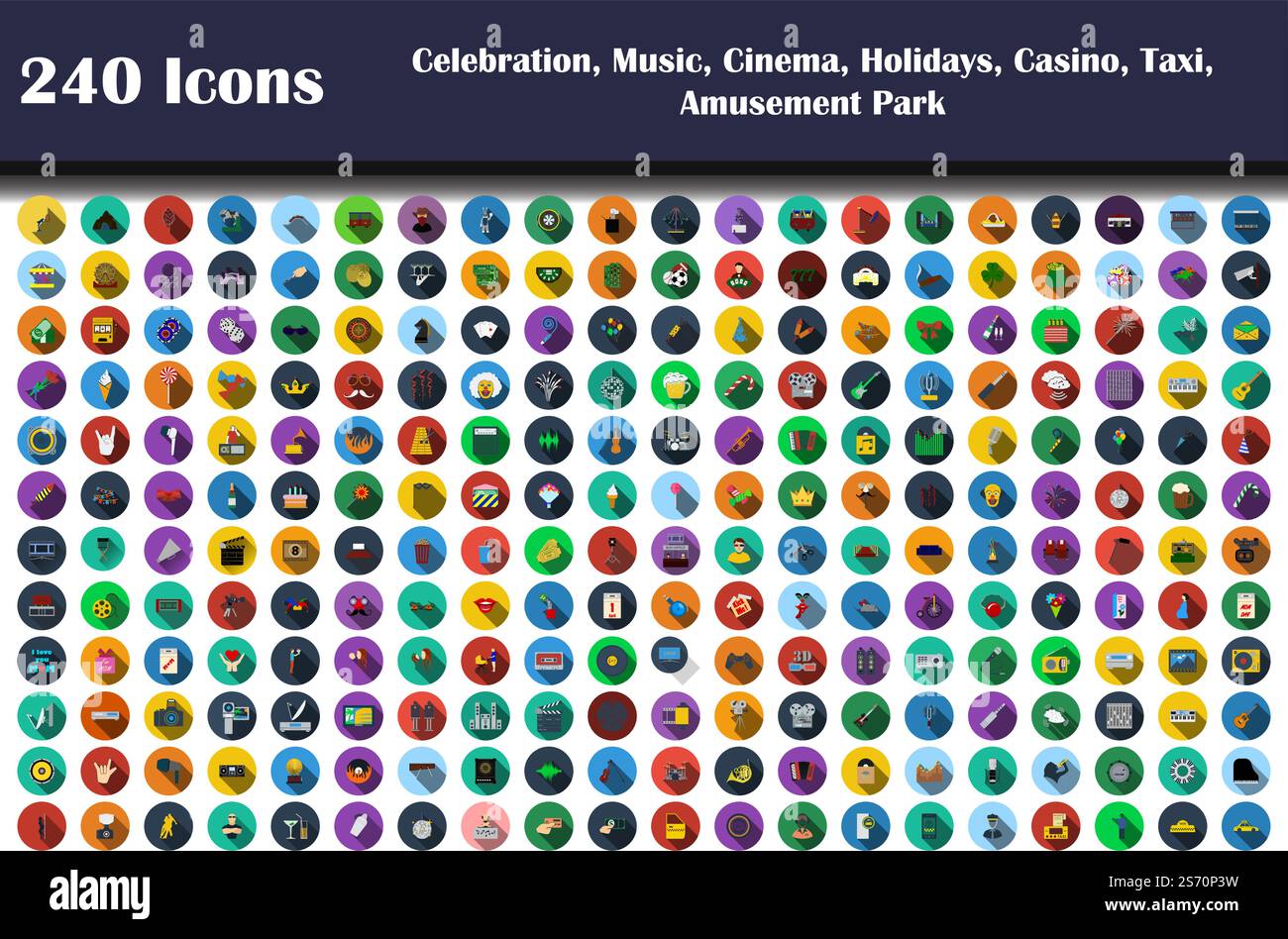 240 icone di Celebrazione, Musica, Cinema, Vacanze, Casinò, Taxi, parco divertimenti. Design piatto con ombra lunga. Illustrazione vettoriale. Illustrazione Vettoriale