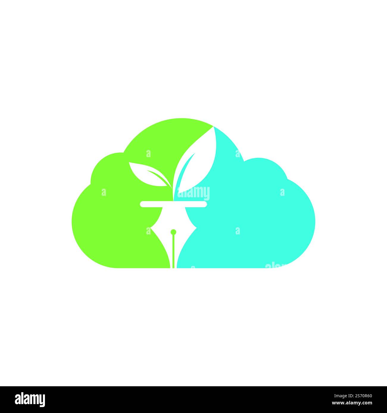 Design con foglie e penne. Logo della community Education and Writer. Design a forma di nuvola con foglia e icona nab. Illustrazione Vettoriale